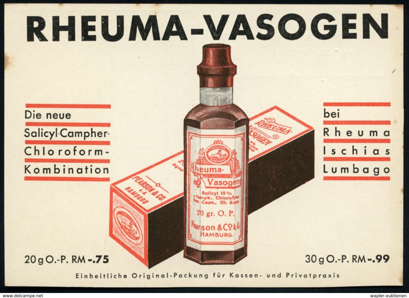 HAMBURG/ *1v 1935 (3.9.) PFS 3 Pf. Auf Color-Reklame-Kt.: RHEUMA-VASOGEN.. Pearson & Co. (Arznei-Flaschen) Dekorat. Inl. - Maladies