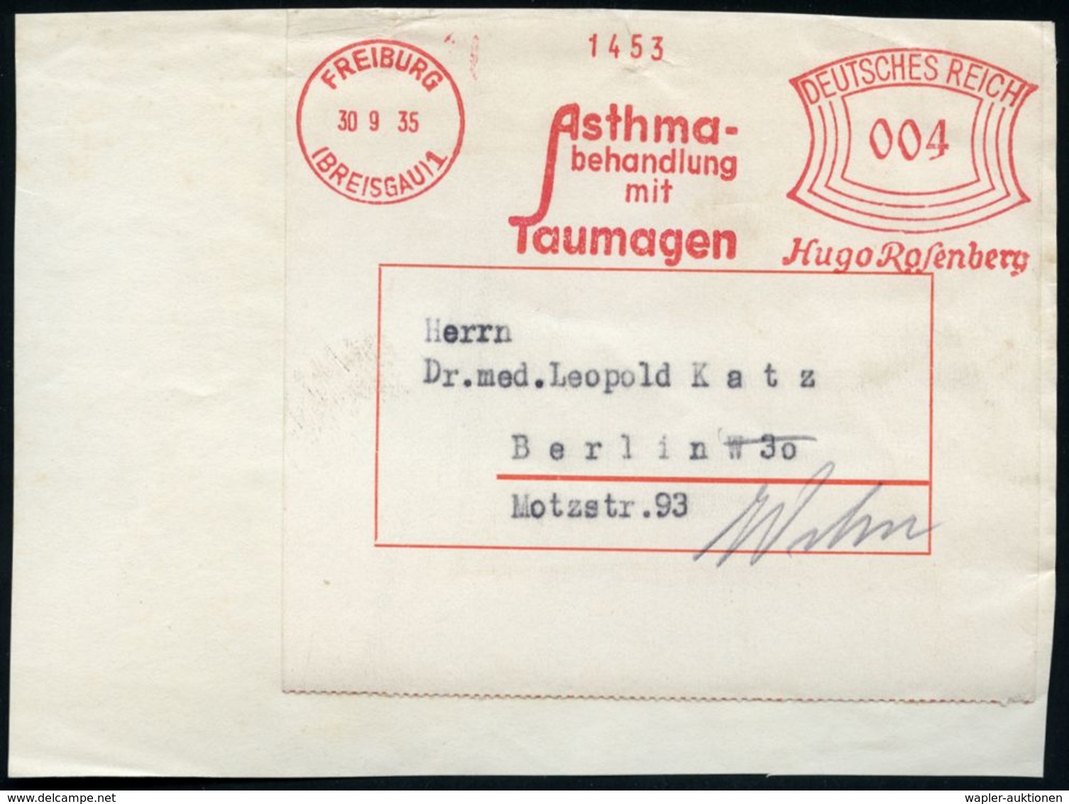 FREIBURG/ (BREISGAU) 1/ Asthma-/ Behandlung/ Mit/ Taumagen/ Hugo Rosenberg 1935 (30.9.) AFS Auf Adreß-Aufkleber  (Dü.E-1 - Krankheiten