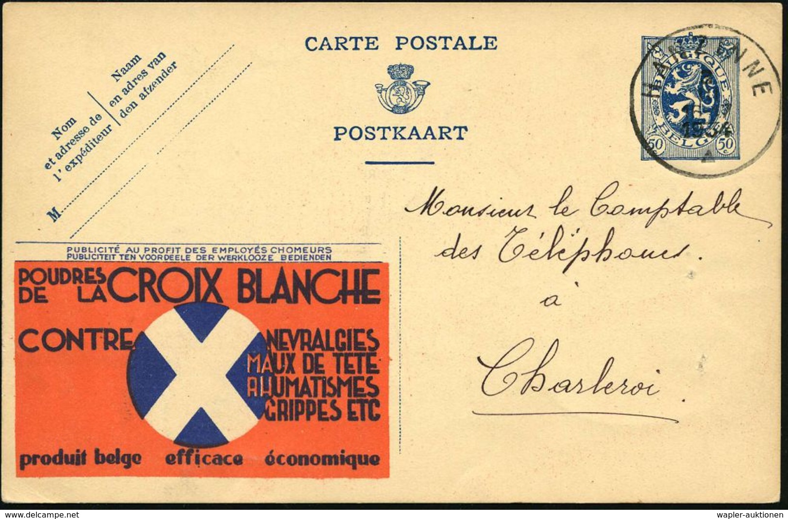 BELGIEN 1934 (16.7.) 50 C. Reklame-P Löwe, Blau: ::LA CROIX BLANCHE/CONTRE/NEVRALGIES / MAUX DE TETE / RHUMATISMES/GRIPP - Maladies