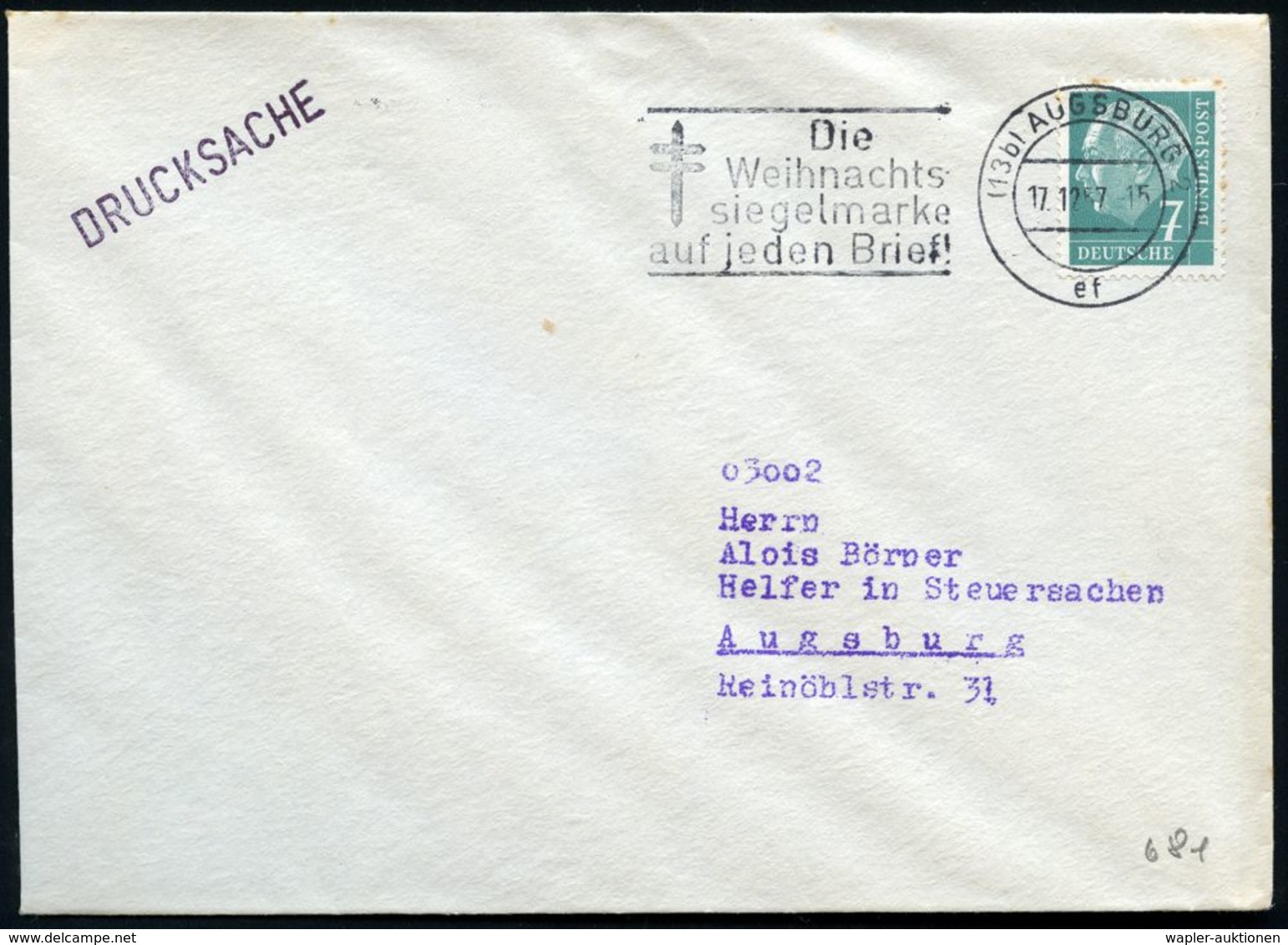 (13b) AUGSBURG 2/ Ef/ Die/ Weihnachts-/ Siegelmarke/ Auf Jeden Brief! 1957 (Dez.) Seltener MWSt = Tbc-Doppelkreuz, Klar  - Enfermedades