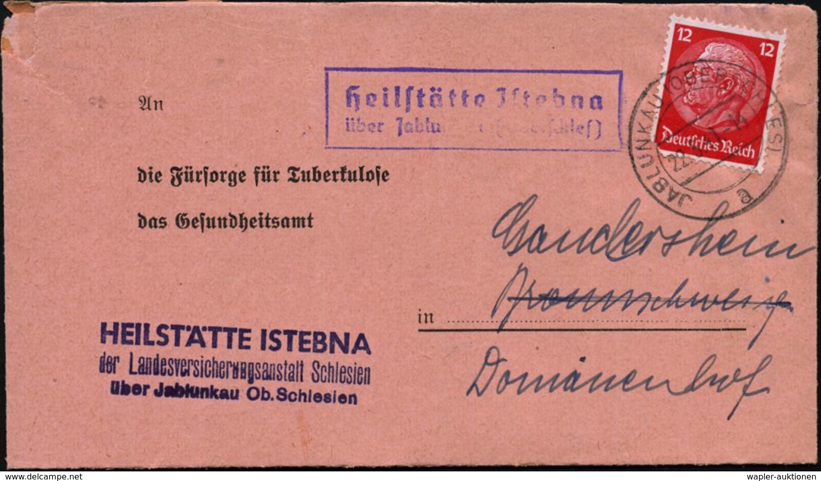 JABLUNKAU (OBERSCHLES)/ A 1941 (22.5.) 2K-Steg + Viol. Ra.2: Heilstätte Jstebna/über Jablunkau (Oberschles) = PSt.II Hau - Maladies