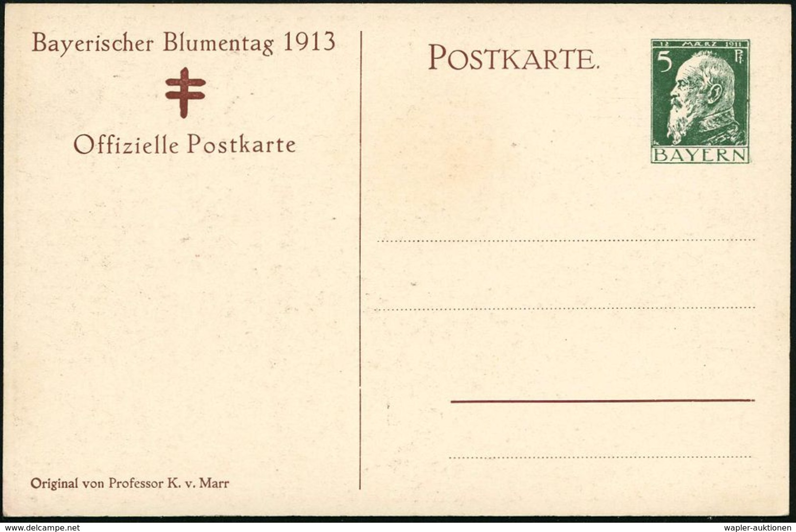 BAYERN 1913 PP 5 Pf. Luitpold Grün: Bayer. Blumentag = Tbc-Spendenkarte (Mädchen Mit Blumenstrauß In Braun) Mit Tbc-Dopp - Maladies