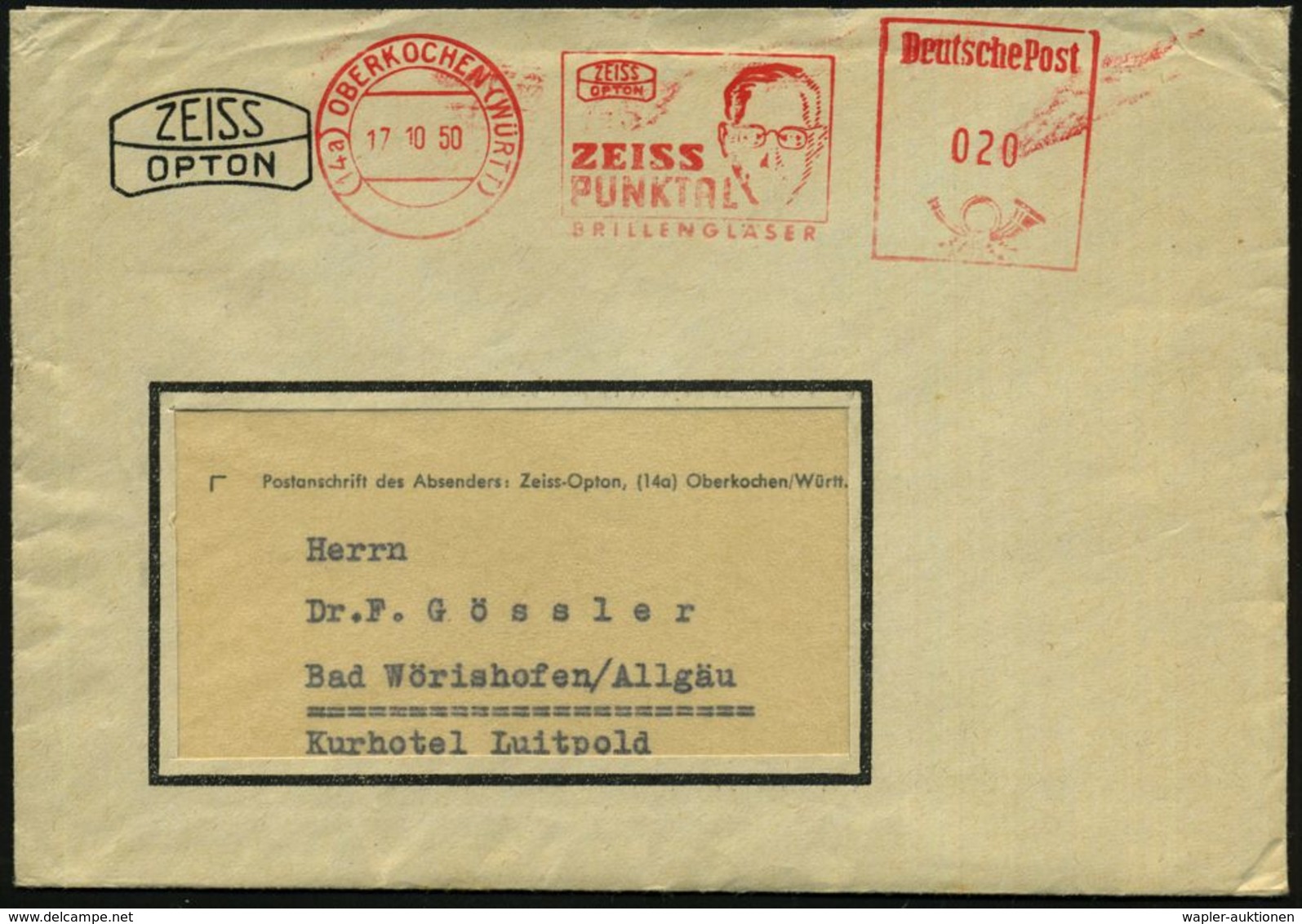 (14a) OBERKOCHEN (WÜRTT)/ ZEISS/ OPTON/ ZEISS/ PUNKTAL/ BRILLENGLÄSER 1950 (17.10.) AFS = Kopf Mit Brille U. Firmen-Logo - Maladies
