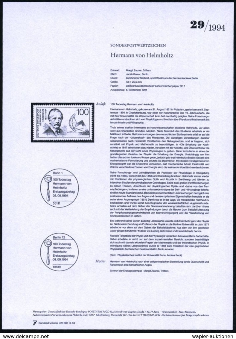 B.R.D. 1994 (Sept.) 100 Pf. "100. Geburtstag Hermann V. Helmholtz" = Augenforscher, Physiologe, Mathematiker, Mediziner, - Maladies