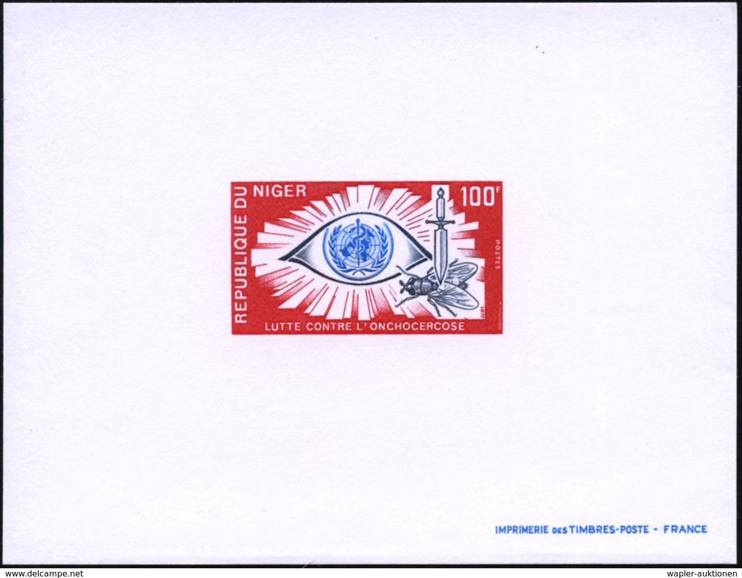 NIGER 1977 100 F. "WHO Kampf Gegen Die Blindheit",  U N G E Z.  Ministerblock = Auge/WHW-Logo/Fliege M.Dolch ("Epreuve D - Malattie