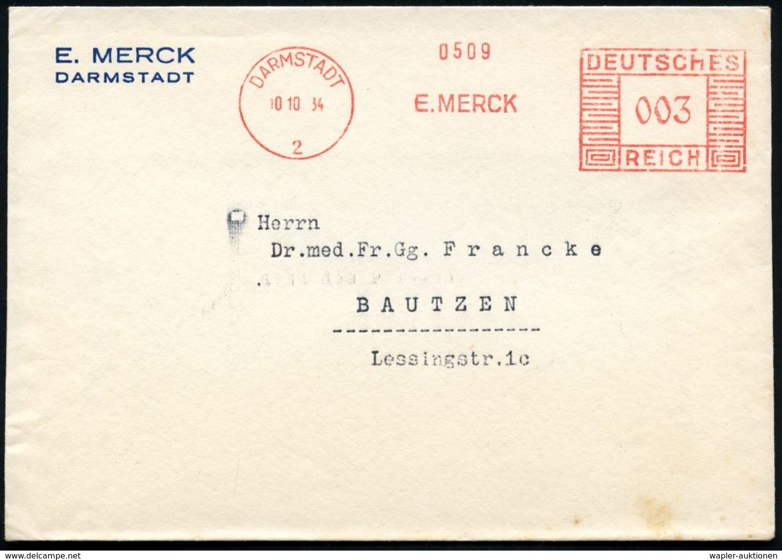 DARMSTADT/ 2/ E.MERCK 1934 (10.10.) AFS Auf Firmen-Bf.: E. MERCK (Dü.E-2CEh) - - Farmacia