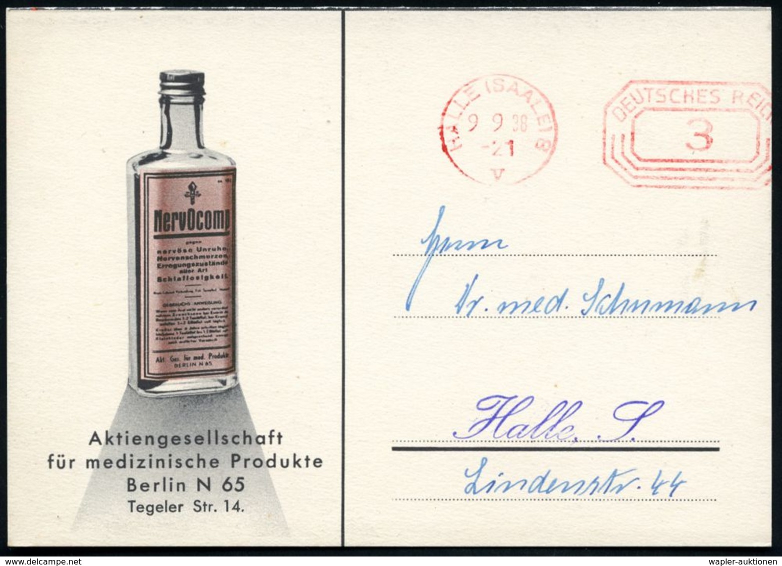 HALLE (SAALE) 8/ V/ DEUTSCHES REICH 1938 (9.9.) PFS "Achteck" 3 Pf. Auf Zweifarbiger (halber) Reklame-Kt.: Nervocomp, AG - Farmacia