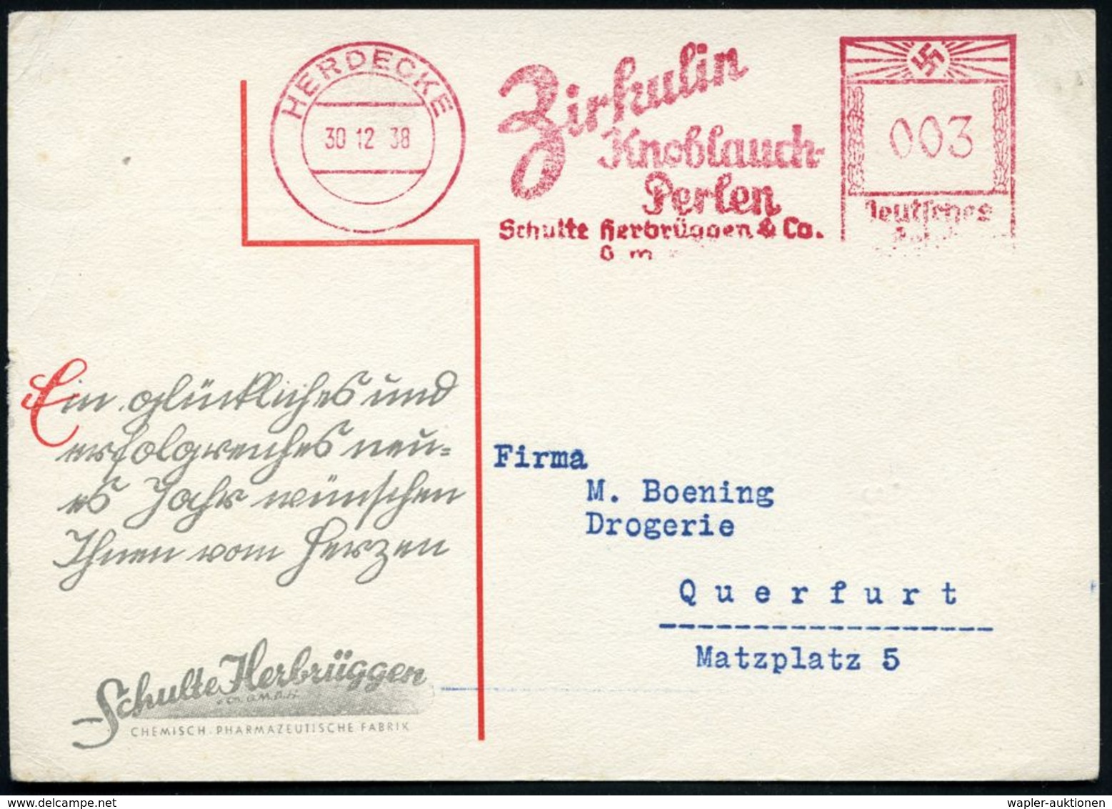 HERDECKE/ Zirkulin/ Knoblauchz-/ Perlen/ Schulte Herbrüggen & Co. 1938 (30.12.) AFS Auf Zweifarbiger Künstler-Reklame-Kt - Pharmazie