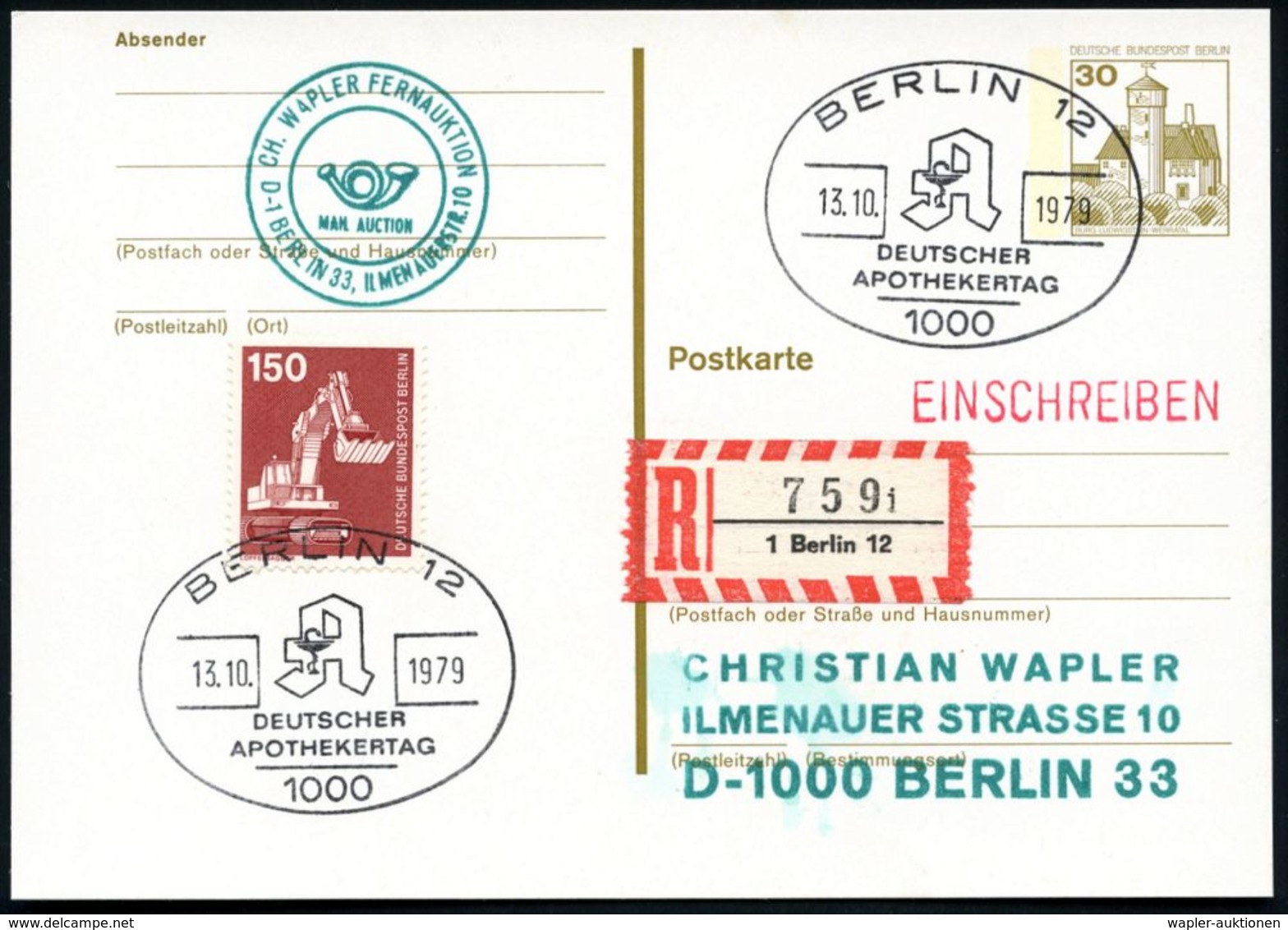 1000 BERLIN 12/ DEUTSCHER/ APOTHEKERTAG 1979 (13.10.) SSt (Monogr."A") + RZ: 1 Berlin 12/j, Orts-R-Karte (Bo.2054) - - Farmacia