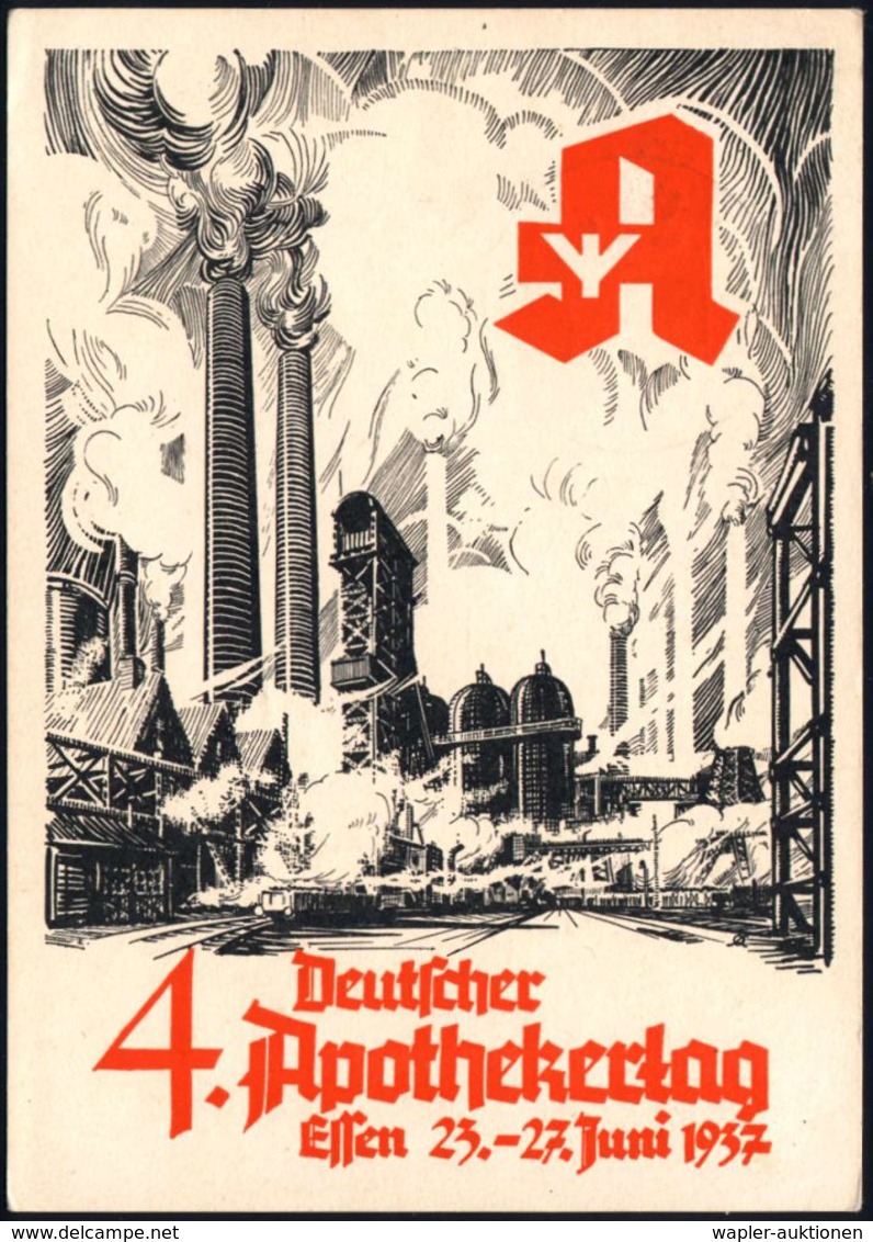 ESSEN 1/ 4.Deutscher/ Apothekertag 1937 (26.6.) SSt ("A" Mit Lebensrune) Zweifarbige, Seltene Sonderkarte: Hochofenanlag - Farmacia