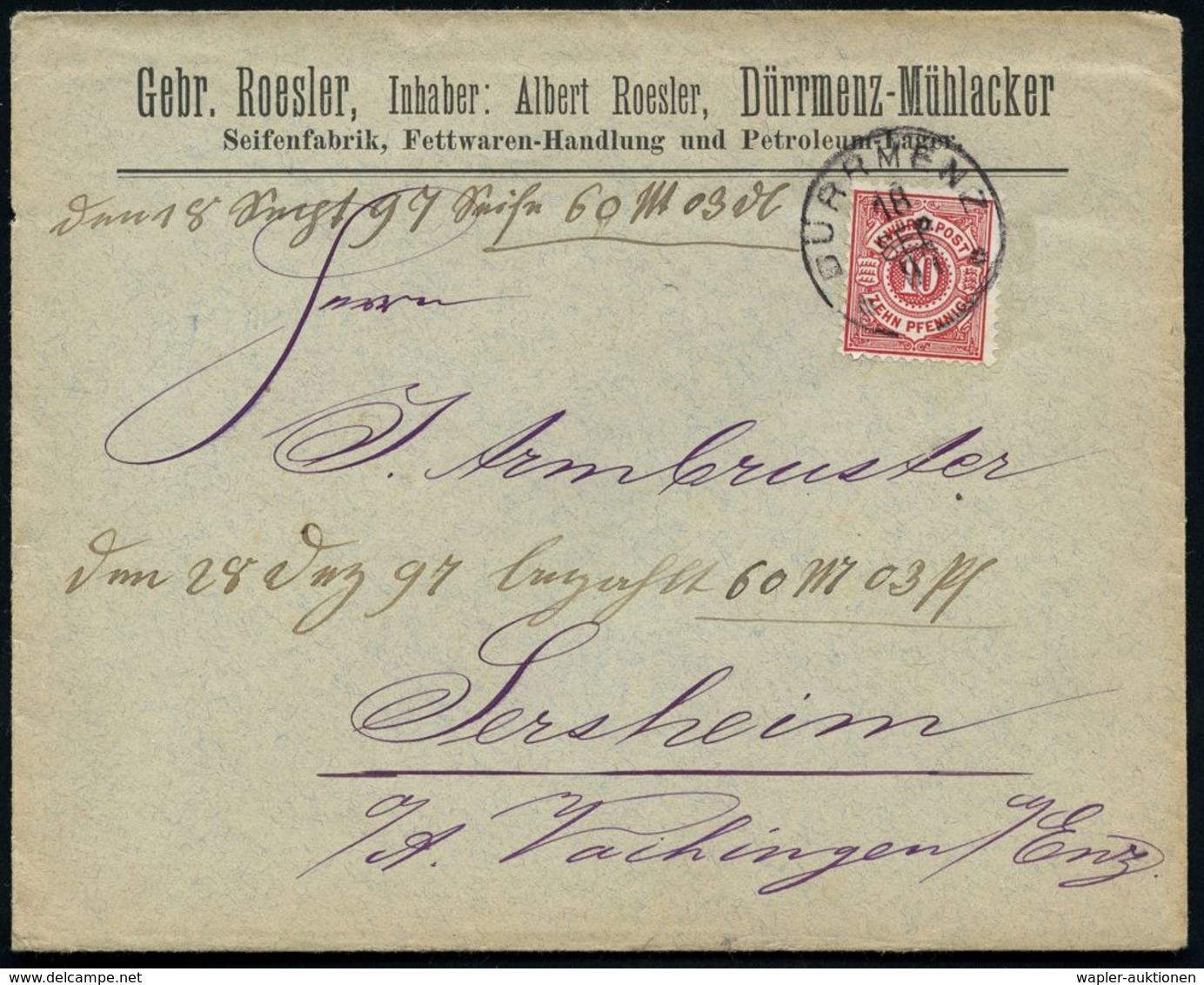 DÜRRMENZ 1899 (18.9.) 1K Auf EF 10 Pf. Württbg. Ziffer , Firmen-Bf.: Gebr. Roesler + Inhalt: Dekorat. Rechnung Mit Zierr - Pharmazie