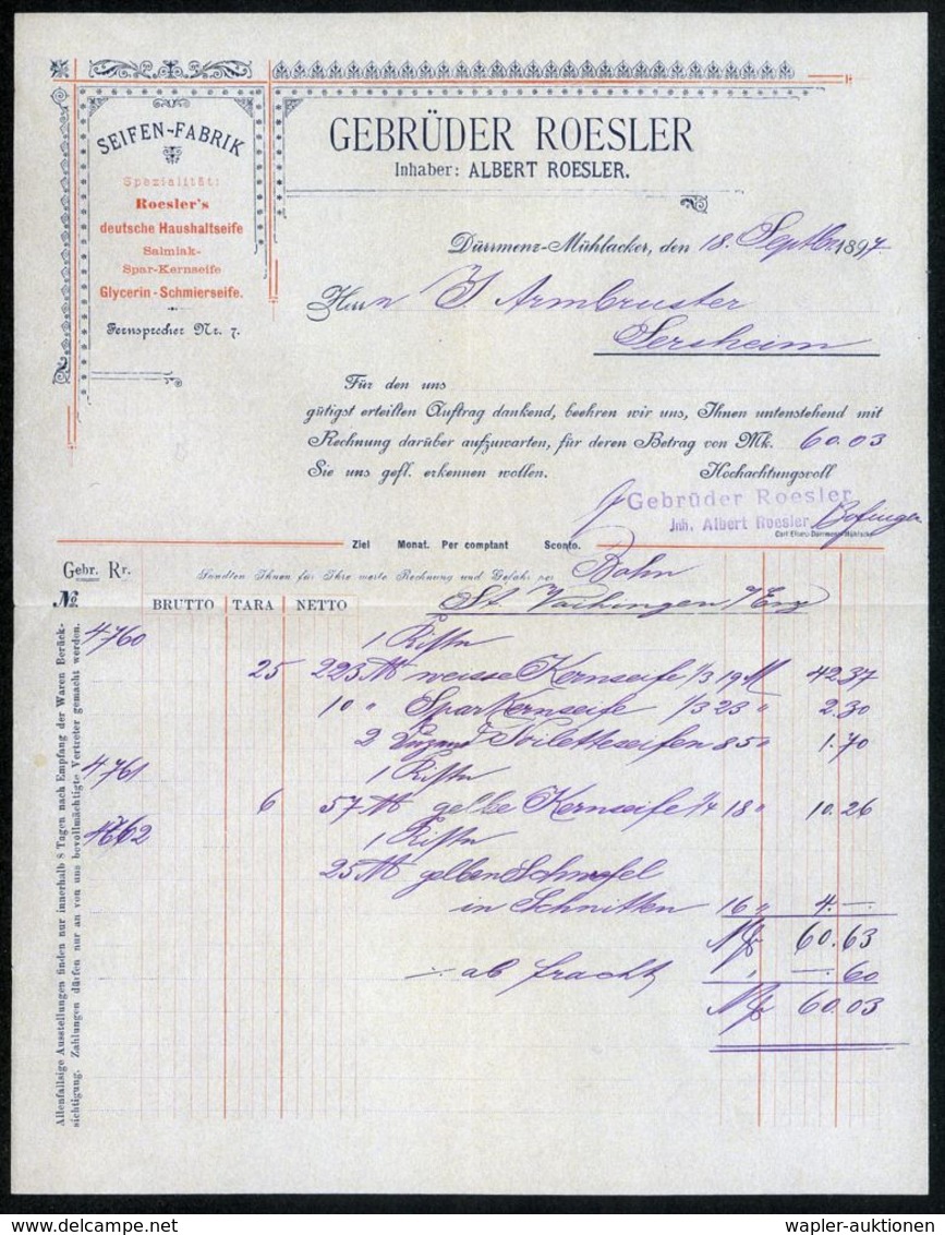 DÜRRMENZ 1899 (18.9.) 1K Auf EF 10 Pf. Württbg. Ziffer , Firmen-Bf.: Gebr. Roesler + Inhalt: Dekorat. Rechnung Mit Zierr - Pharmacie