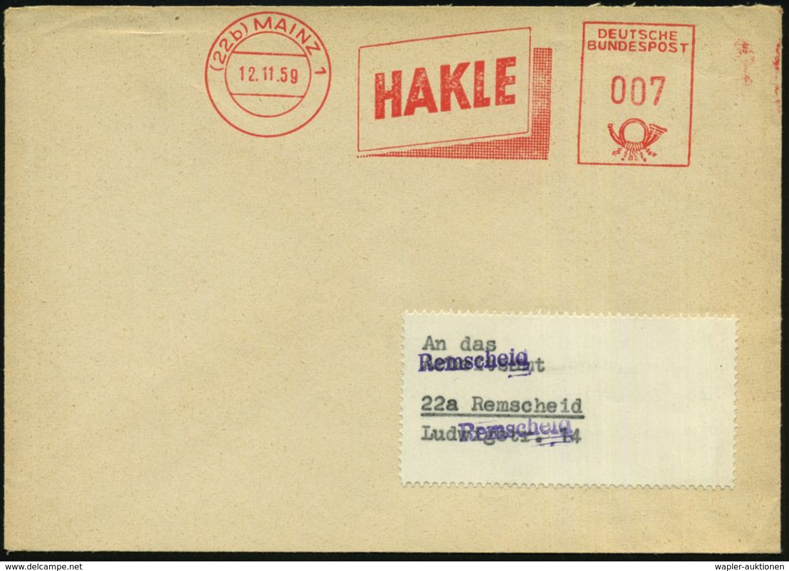 (22b) MAINZ 1/ HAKLE 1959 (12.11.) AFS = Toilettenpapier-Hersteller Etc., Klar Gest. Inl.-Bf. (Dü.E-23C) - - Pharmacie