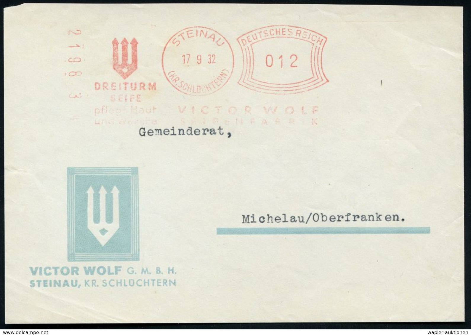 STEINAU/ (KR.SCHLÜCHTERN)/ DREITURM/ SEIFE/ Pflegt Hand/ U.Wäsche/ VICTOR WOLF/ SEIFENFABRIK 1932 (17.9.) Seltener AFS " - Pharmacie