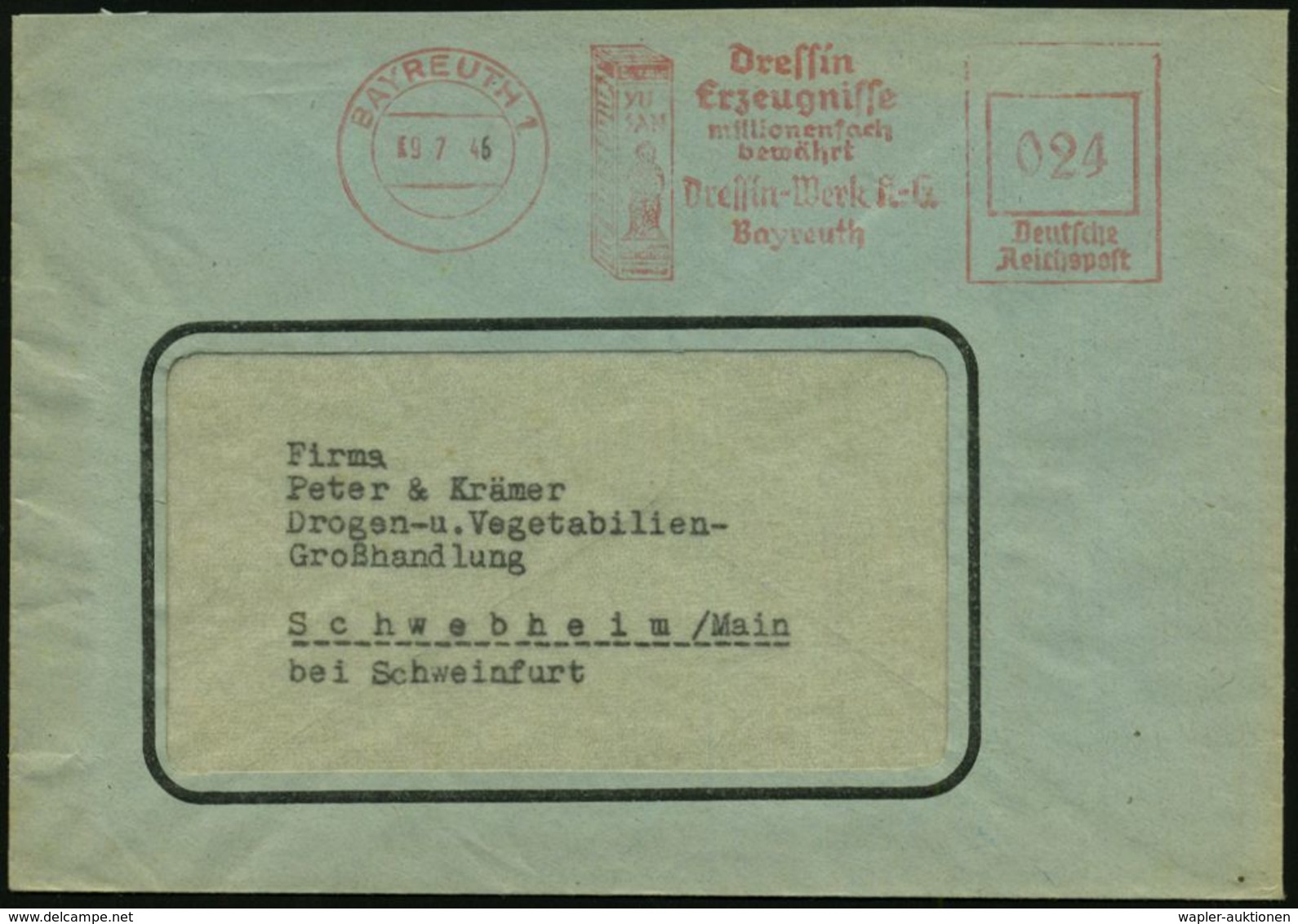 BAYREUTH 1/ YU SAN/ Dressin/ Erzeugnisse../ Dressin-Werke K.G. 1946 (28.6.) Aptierter AFS = NS-Adler Entfernt (Stpl.-Irr - Pharmacie