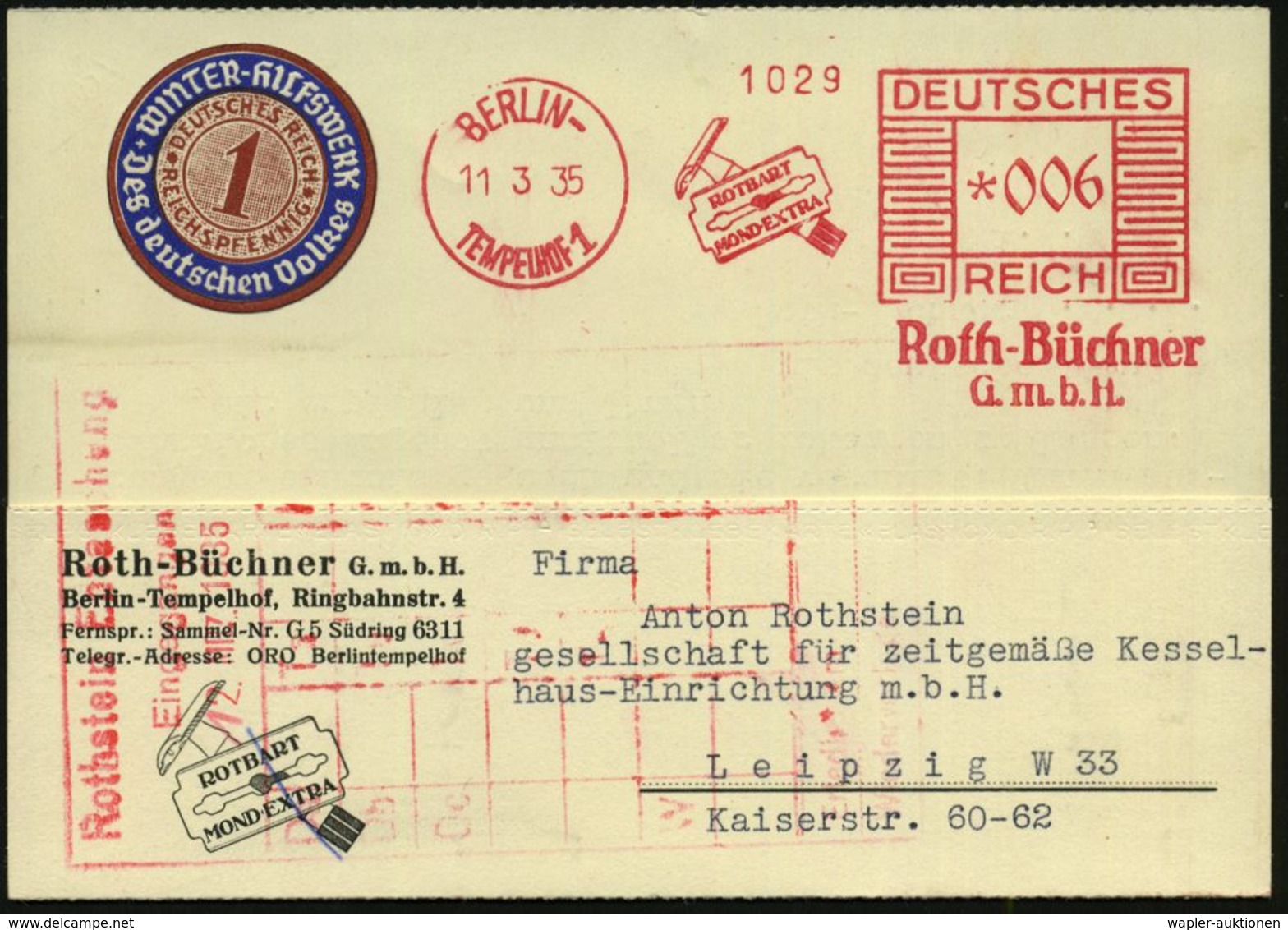 BERLIN-/ TEMPELHOF 1/ ROTBART/ MOND-EXTRA/ Roth-Büchner/ GmbH 1935 (11.3.) AFS = Naßrasierer, Klinge , Motivgl. Firmenkt - Pharmacie