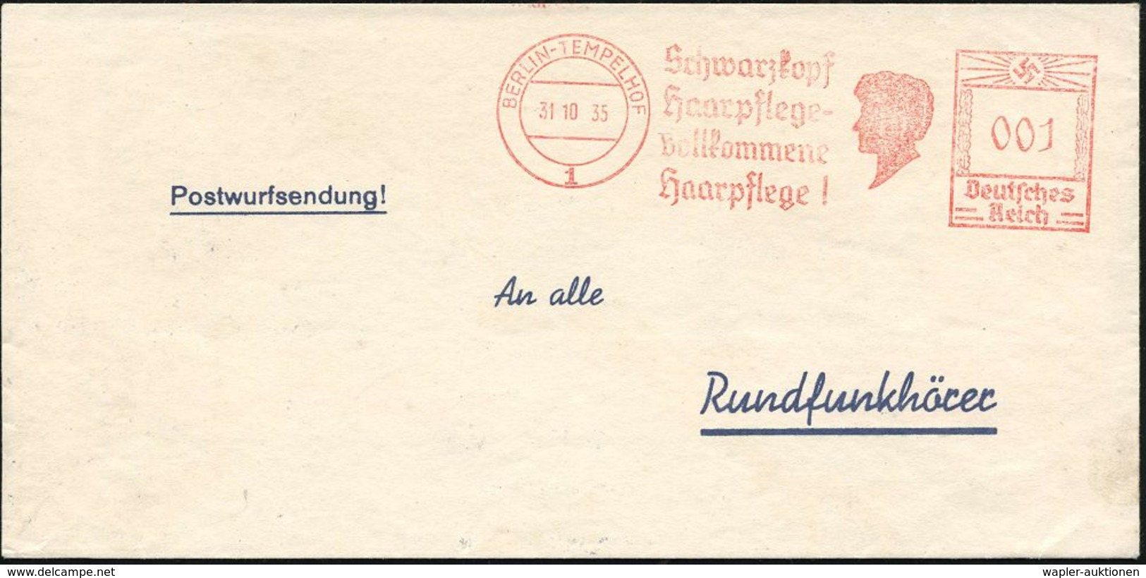 BERLIN-TEMPELHOF/ 1/ Schwarzkopf/ Haarpflege.. 1935 (31.10.) Seltener AFS 001 Pf. Auf Postwurfsendung "An Alle Rundfunkh - Pharmacie