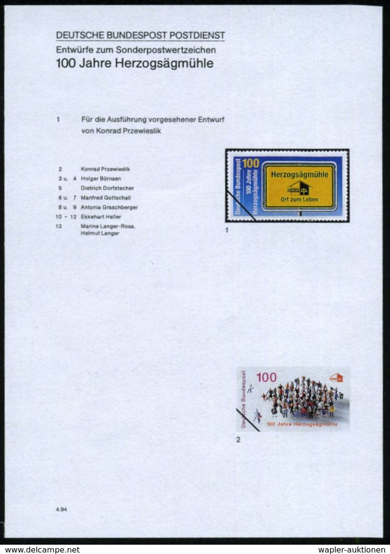 B.R.D. 1994 (Apr.) 100 Pf. "100 Jahre Herzogsägmühle", 13 Verschied. Color-Entwürfe Der Bundesdruckerei Auf 2 Entwurfs-b - Médecine