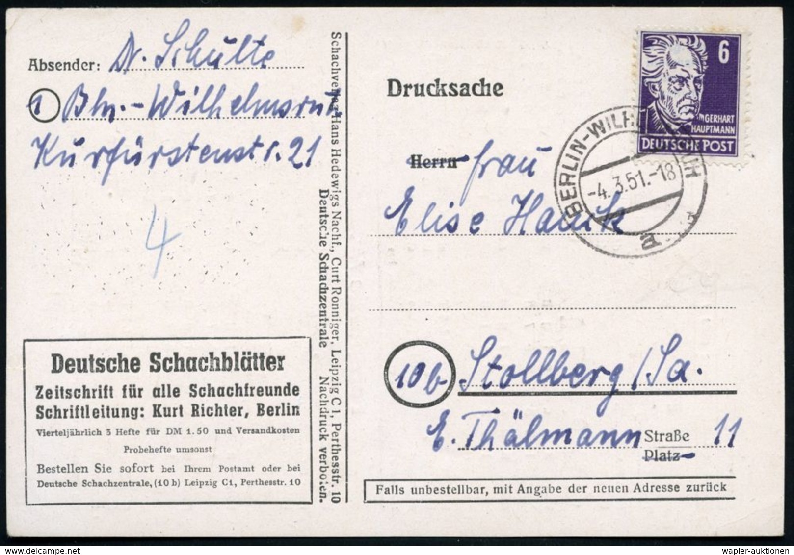 BERLIN-WILHELMSRUH/ A 1951 (4.3.) 2K-Steg Auf Vordr.-Karte: Deutsche Schachblätter, Zeitschrift Für Alle Schachfreunde.. - Schach