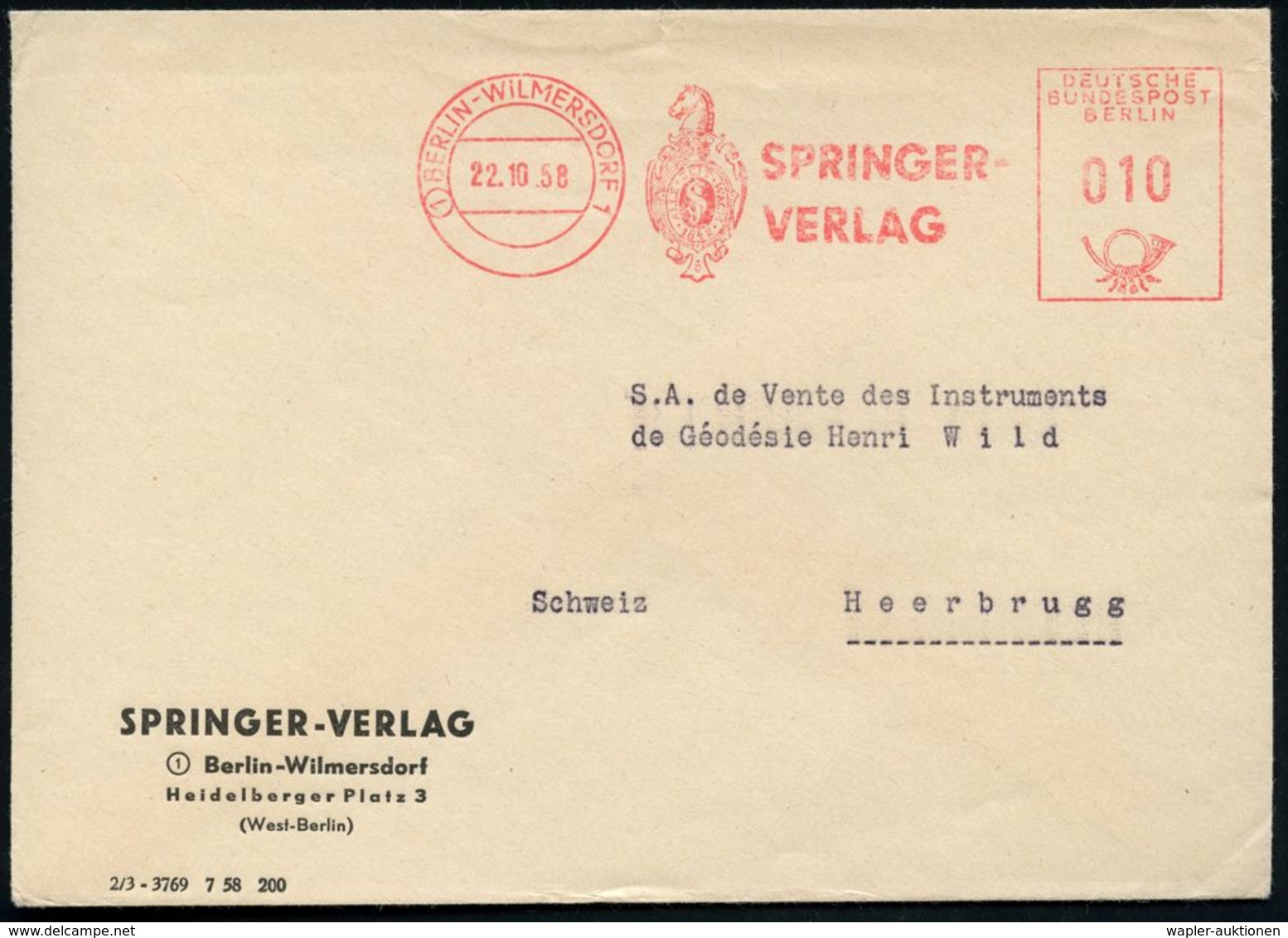 (1) BERLIN-WILMERSDORF 1/ ALLE ZEIT WACH/ SPRINGER/ VERLAG 1958 (22.10.) AFS = Springer (Firmen-Logo) Firmen-Ausl.-Bf.:  - Echecs