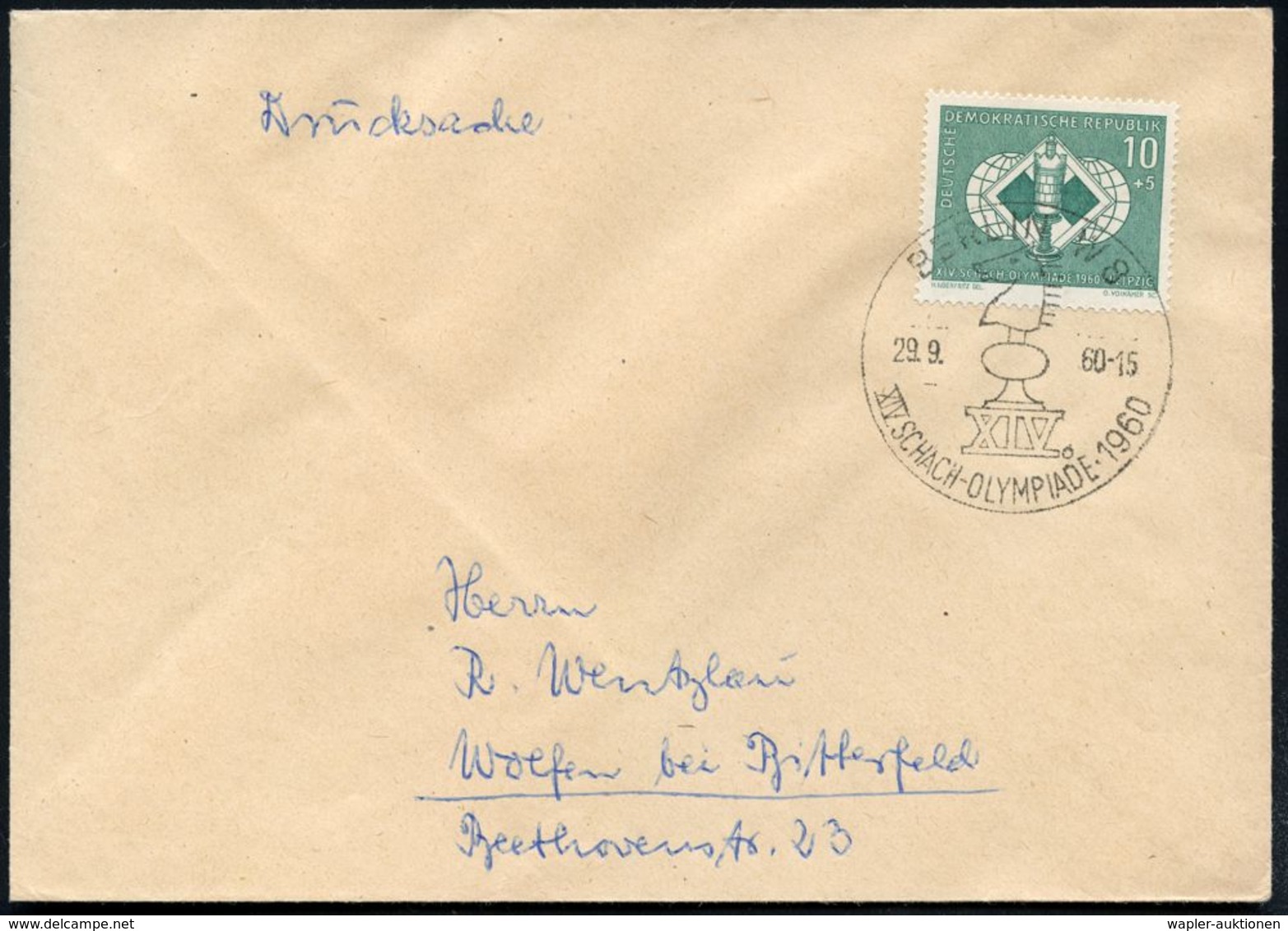 BERLIN W 8/ XIV.SCHACH-OLYMPIADE 1960 (29.9.) SSt (Springer) A. EF 10+5 Pf. Schach-Olympia (Mi.786/EF) Inl.-Drs. (Bo.978 - Echecs