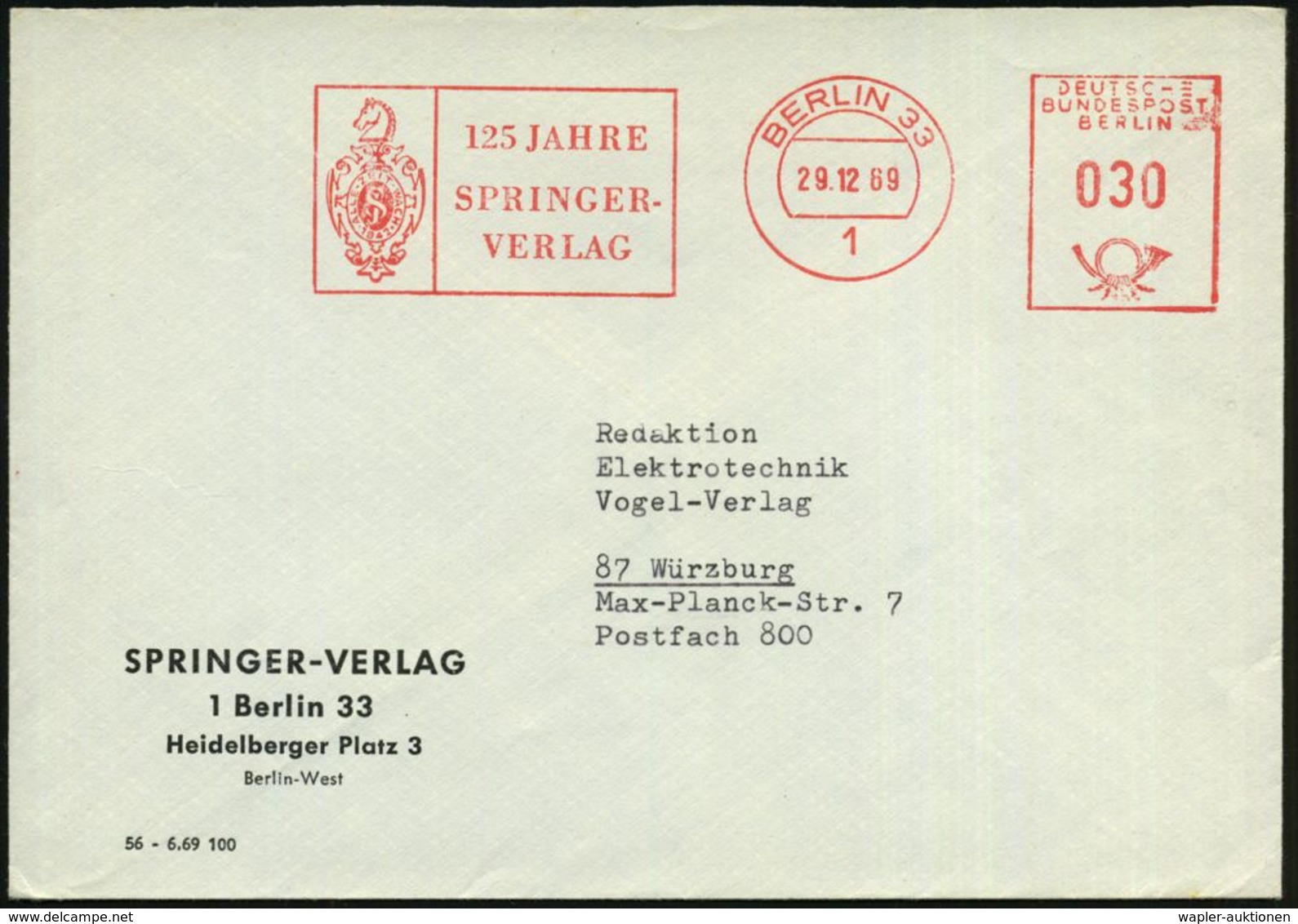 1 BERLIN 33/ 125 JAHRE/ SPRINGER-/ VERLAG 1969 (29.12.) Jubil.-AFS Francotyp = Springer , Klar Gest. Firmen-Bf. (Dü.E-27 - Ajedrez