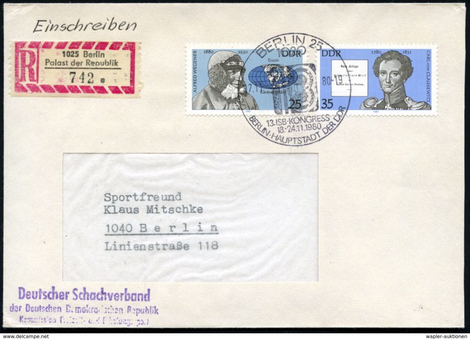 1020 BERLIN 25/ 13.I S B - KONGRESS.. 1980 (7.11.) SSt + Sonder-RZ: 1025 Berlin/Palast Der Republik/a = Hauspostamt Der  - Echecs