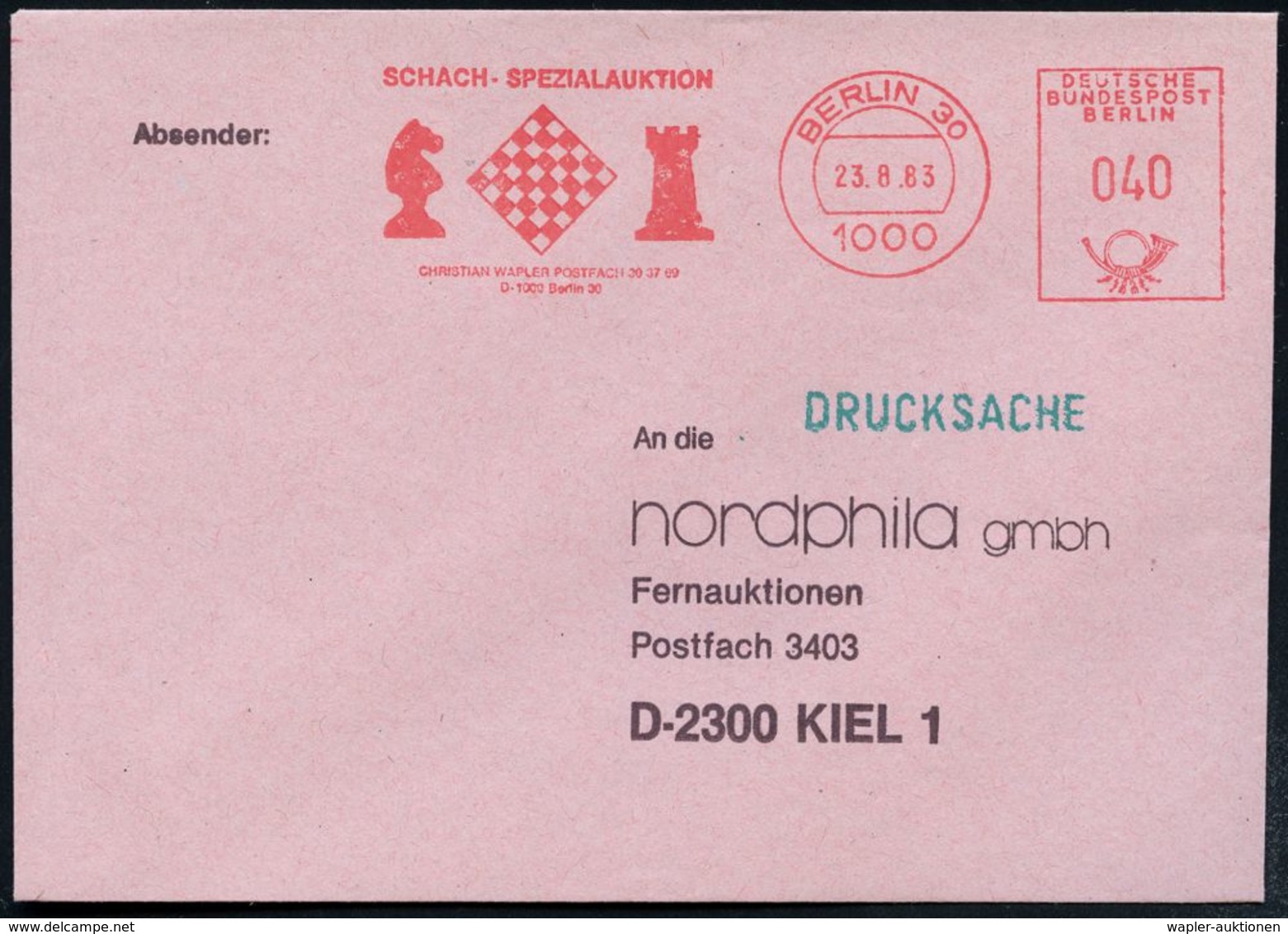 1000 BERLIN 30/ SCHACH-SPEZIALAUKTION/ CHRISTIAN WAPLER.. 1983 (23.8.) Seltener AFS = Springer, Schachbrett U. Turm (Sch - Echecs