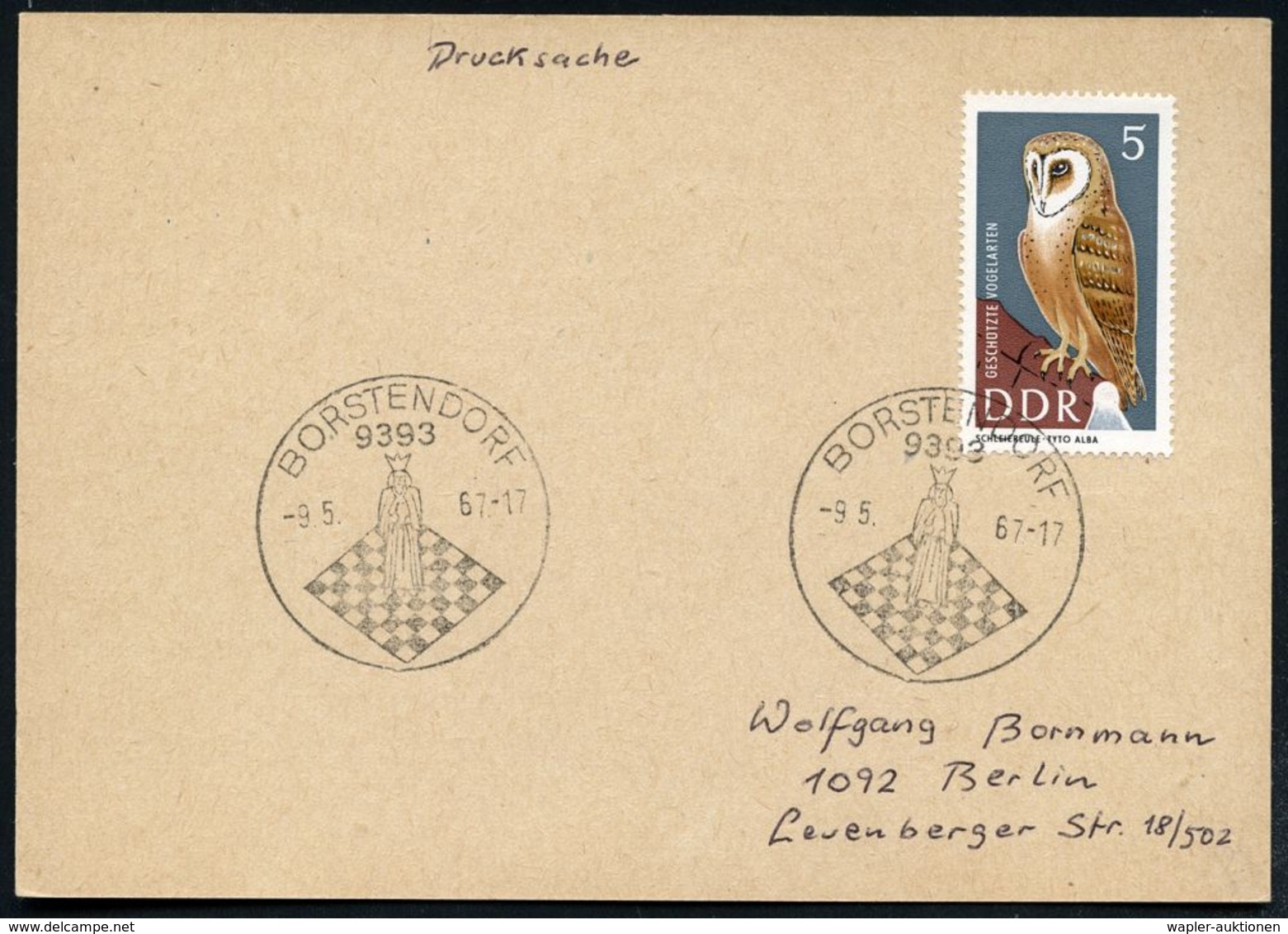 9393 BORSTENDORF 1967 (9.5.) HWSt Ohne Werbetext Mit Neuer PLZ (König A.Schachbrett) Klar Gest. Inl.-Kt. - - Echecs