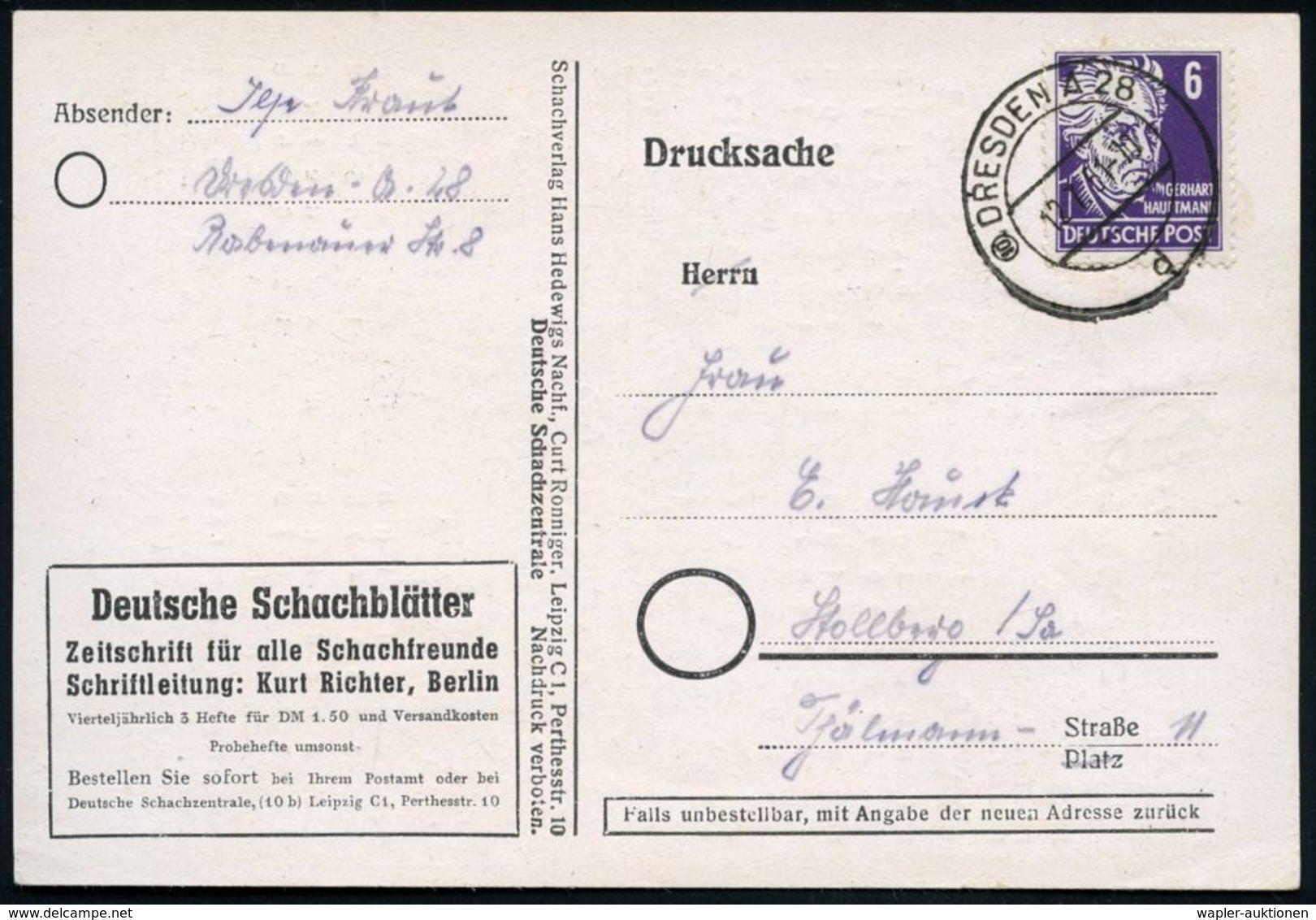 (10a) DRESDEN A 28 1951 (16.4.) 2K-Steg Auf Vordr.-Kt.: Deutsche Schachblätter, Zeitschrift Für Alle Schachfreunde.. , R - Ajedrez