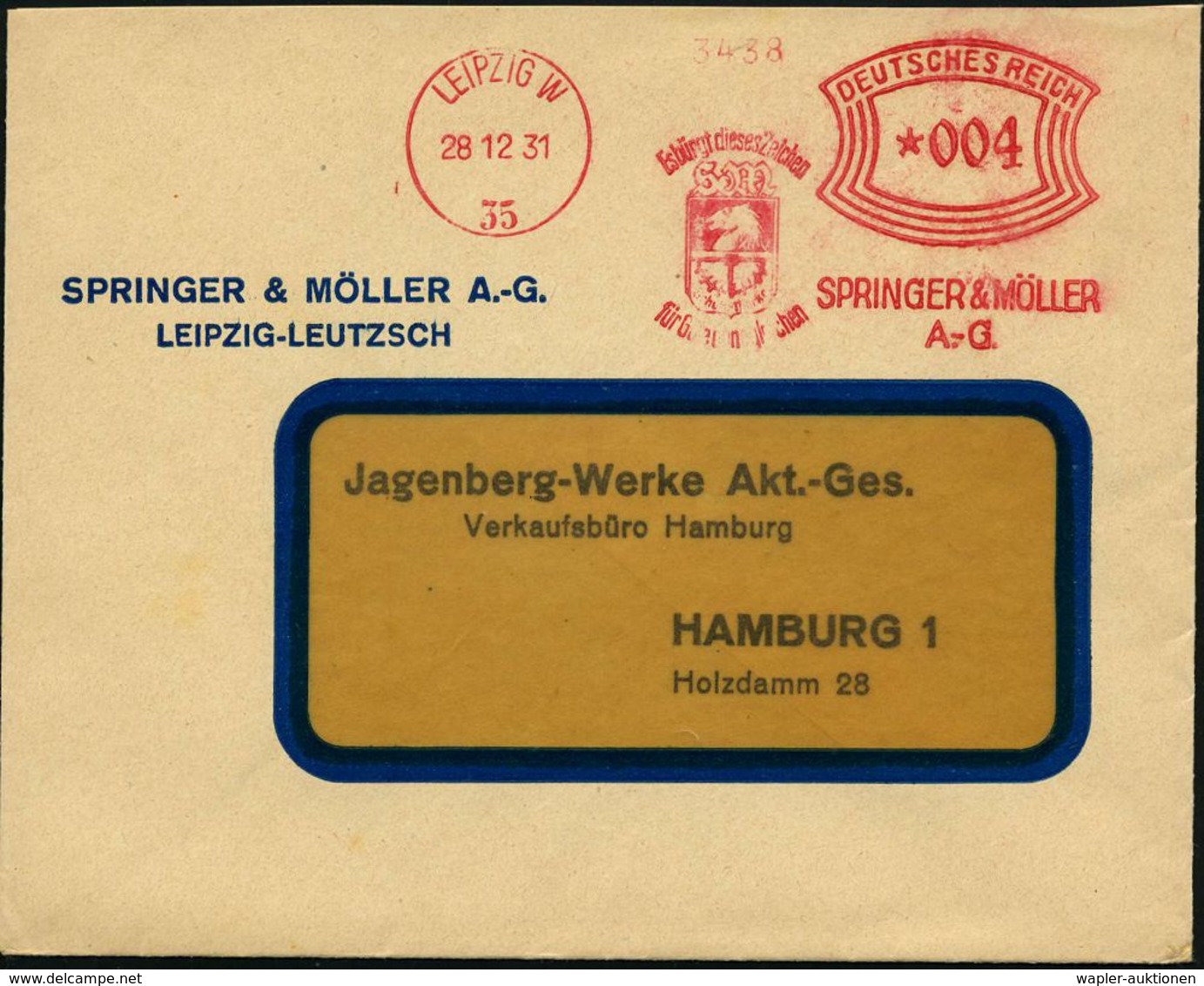 LEIPZIG W/ 35/ Es Bürgt Dieses Zeichen../ SPRINGER & MÖLLER/ A.-G. 1931 (28.12.) AFS = Springer (= Firmen-Logo Mit Zahnr - Scacchi