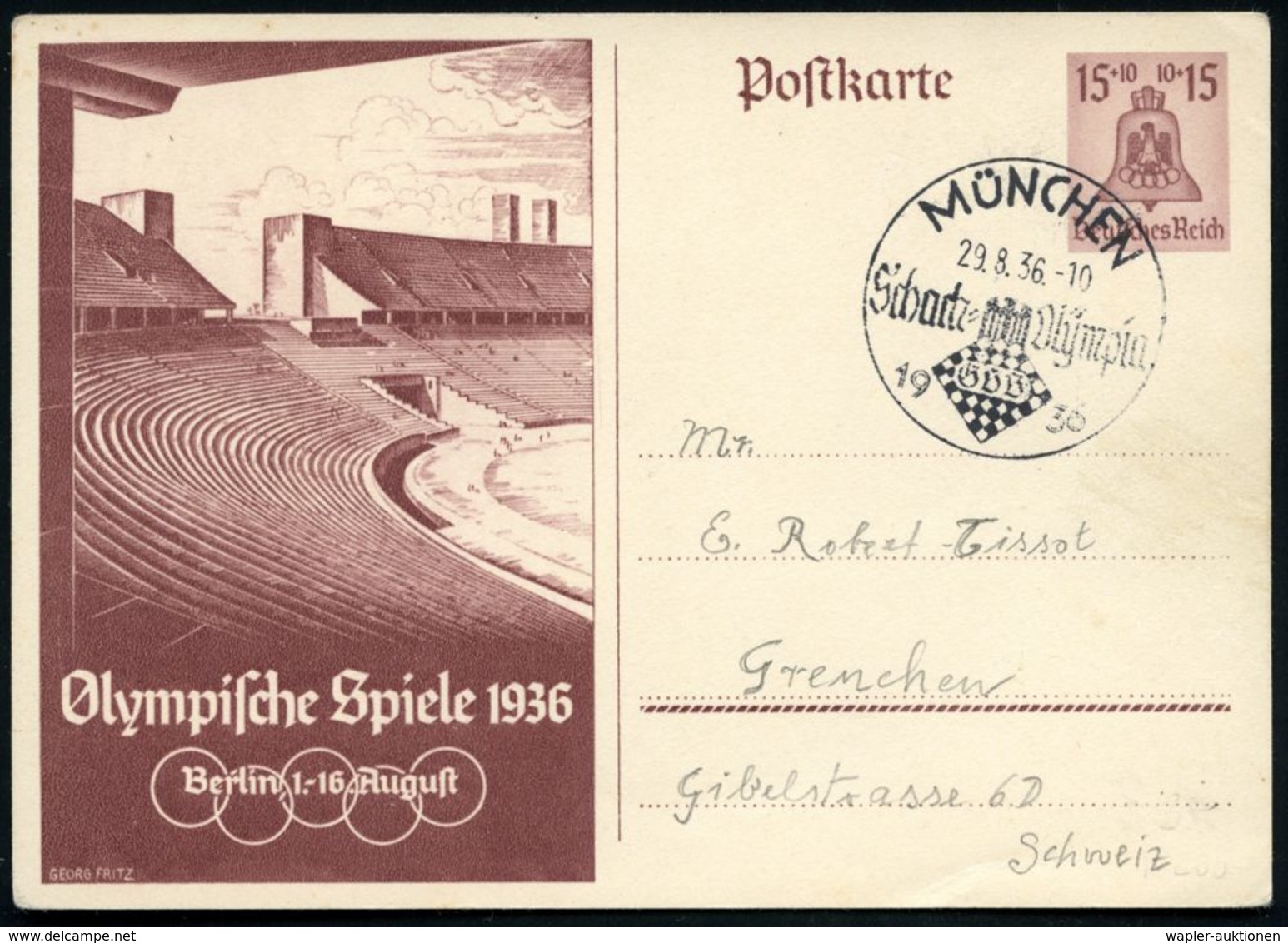 MÜNCHEN/ Schach-Olympia/ G S B 1936 (29.8.) SSt = Schachbrett (u. Monogr.-Logo) Auf Sonder-P 15 + 10 Pf. Olympische Spie - Echecs