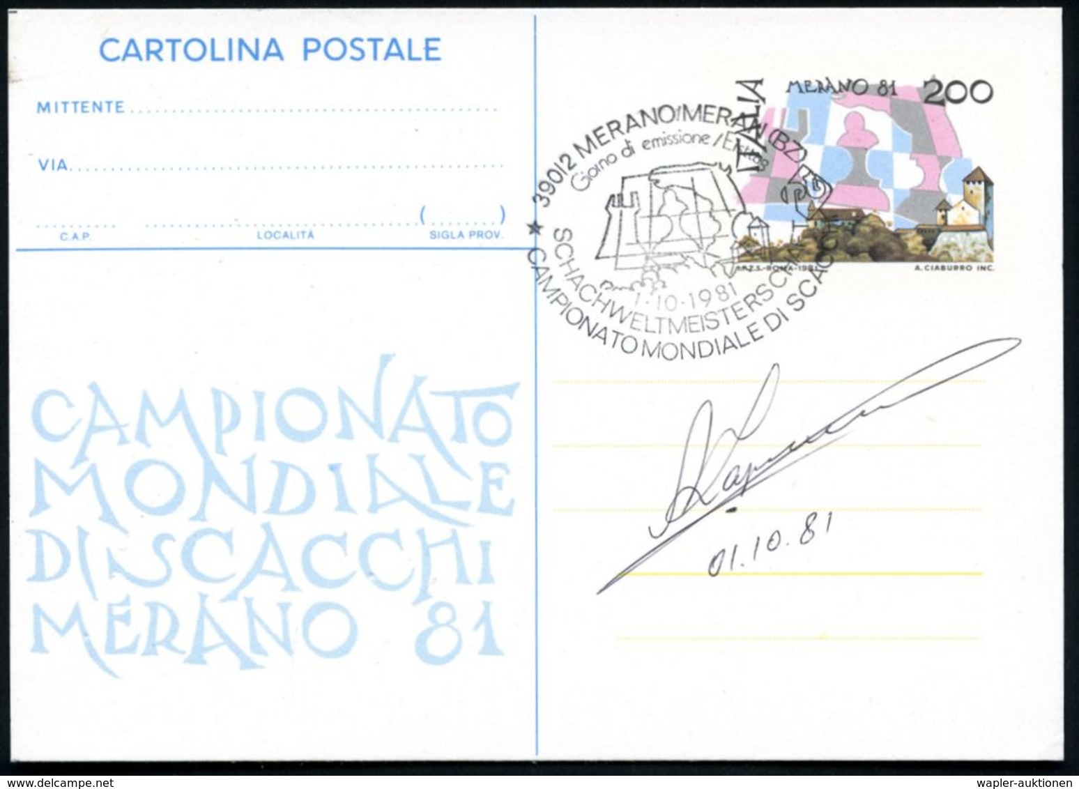 ITALIEN 1981 (10.1.) Ovaler SSt.: 39012 MERANO - MERAN/SCHACHWELTERMEISTERSCHAFT.. (zweisprachig) Auf Passender Sonder-P - Schach