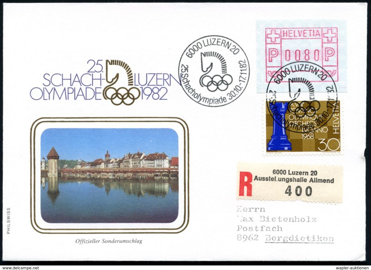 SCHWEIZ 1982 (1.11.) SSt: 6000 LUZERN 20/25. Schacholympiade Auf 30 C. Schach-Olympia (Mi.872 + ATM 3) + Sonder-RZ: 6000 - Scacchi