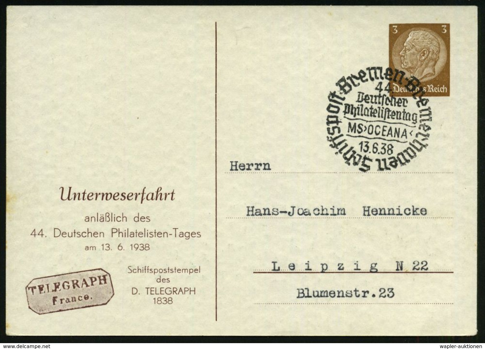 Bremen 1938 (13.6.) BPA-SSt: MS"OCEANA"/ Schiffspost Bremen-Bremerhaven/44./Deutscher /Philatelistentag Klar Auf  PP 3 P - Maritime