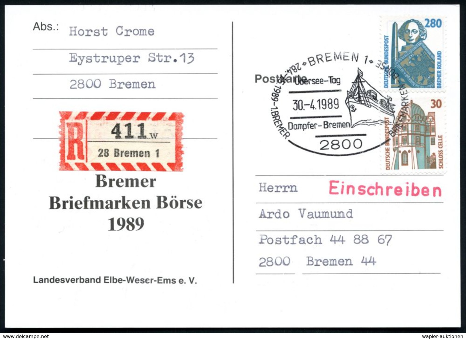 2800 BREMEN 1/ Übersee-Tag/ Dampfer-Bremen.. 1989 (30.4.) SSt = Histor. Fahrgastschiff "Bremen" + RZ: 28 Bremen 1/w , Ju - Maritime