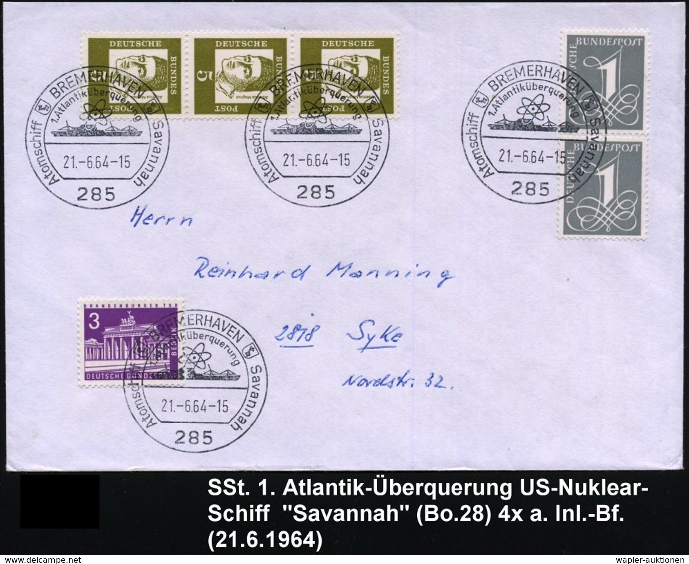 285 BREMERHAVEN/ 1.Atlantiküberquerung/ Atomschiff Savannah 1964 (21.6.) SSt = NS. "Savannah" + Atom-Modell 4x = 1. Nukl - Marittimi