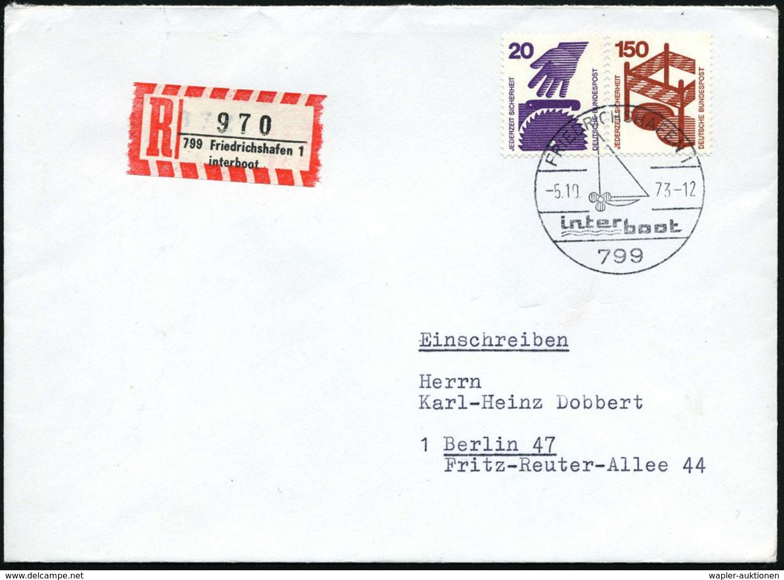 799 FRIEDRICHSHAFEN 1/ Inter/ Boot 1973 (5.10.) SSt + Sonder-RZ: 799 Friedrichshafen 1/interboot (NEZ-Nr.58, IV.Aufl.) S - Marittimi