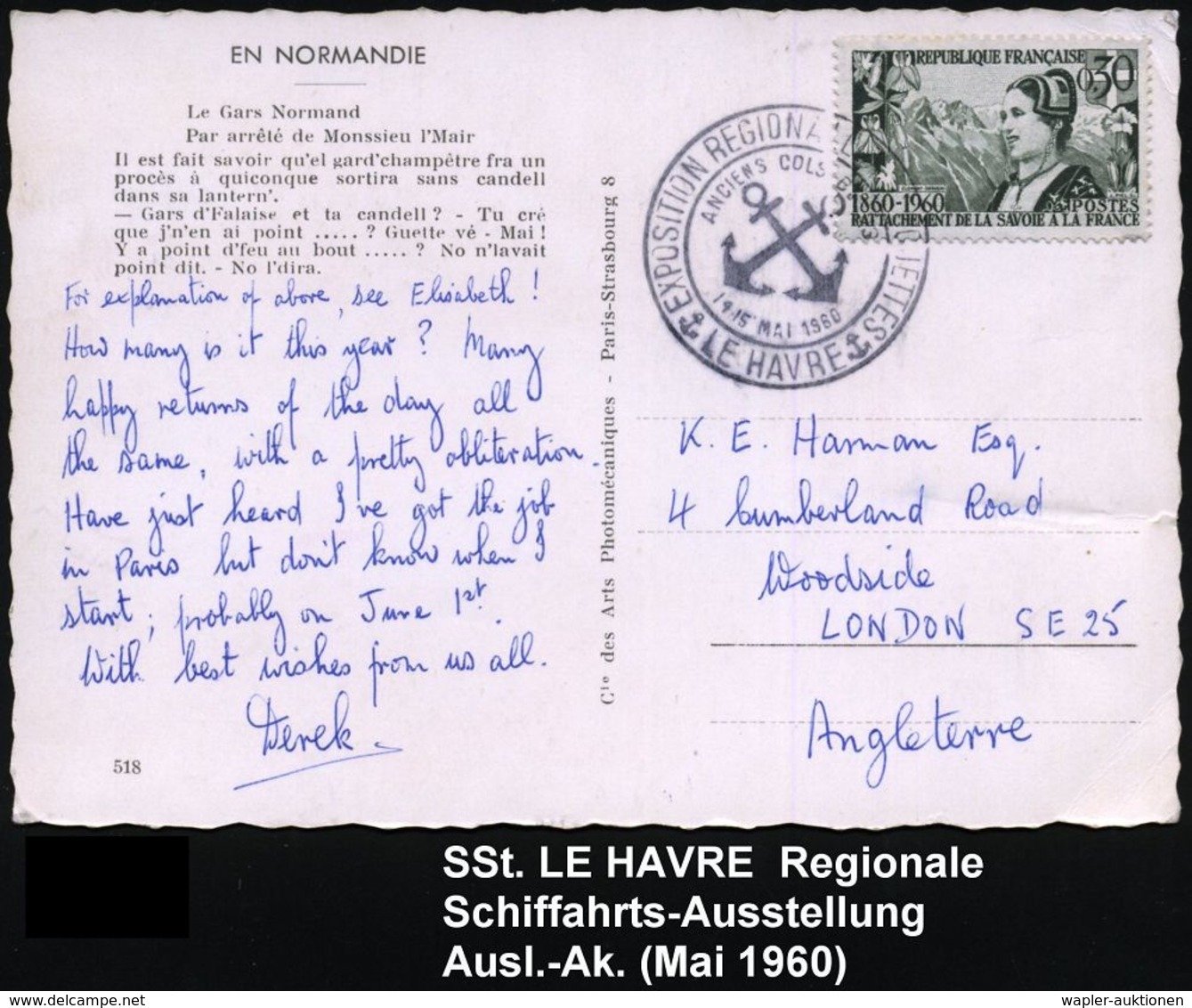 FRANKREICH 1960 (Mai) SSt.: LE HAVRE/ REGIONALE SCHIFFAHRTS-AUSSTELLUNG.. (2 Anker) Klar Gest. Ausl.-Kt. - - Maritime