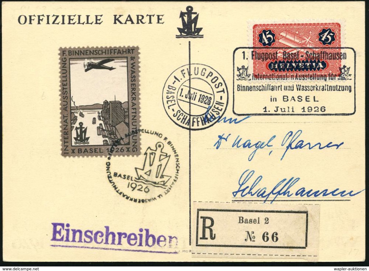 SCHWEIZ 1926 (1.7.) SSt: 1.Flugpost Basel-Schaffhausen/..internat. Ausst.für/ Binnenschiffahrt U.Wasserkraftnutzung/in B - Schiffahrt