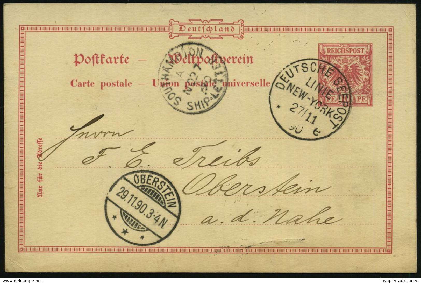 DEUTSCHES REICH 1890 (27.11.) 1K-BPA.: DEUTSCHE SEEPOST/LINIE/NEW-YORK/*e Vom Dampfer "Saale" + 1K-TS.: SOUTHAMPTON/ SHI - Maritime