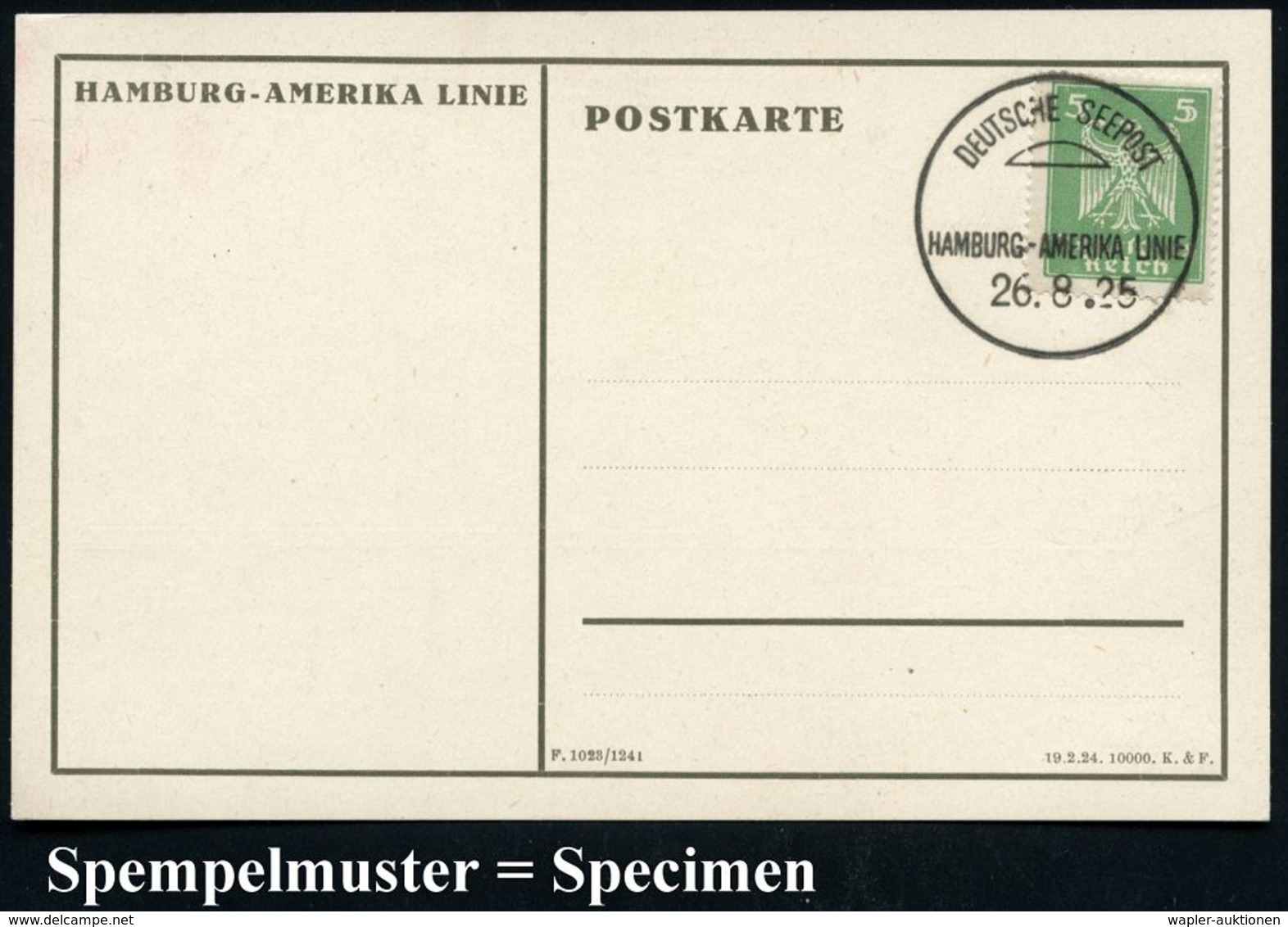 DEUTSCHES REICH 1925 (26.8.) 1K-BPA-Musterstempel Auf S/w.-Reklame-Ak. (Hapag-Dampfer) Ungebr. Musterkarte = Specimen, S - Maritime