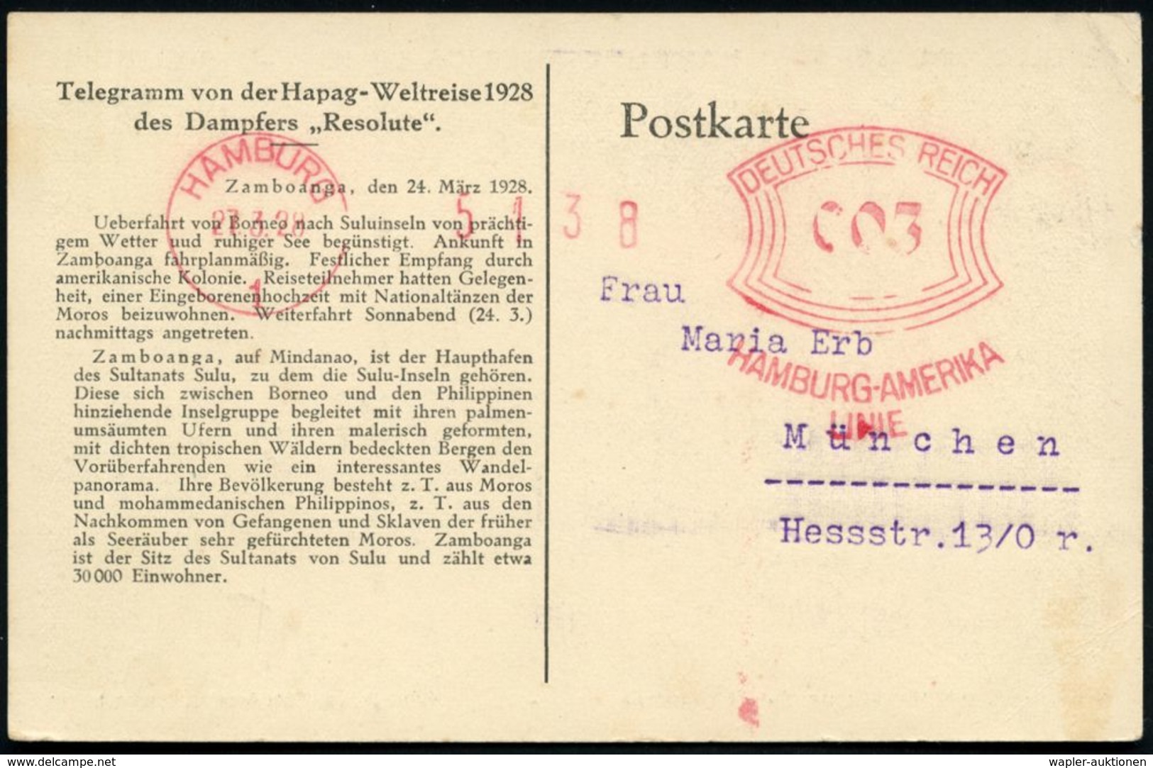 HAMBURG/ 1/ HAMBURG-AMERIKA/ LINIE 1928 (27.3.) AFS Auf Telegramm-Ak: Hapag-Weltreise 1928 Dampfer "Resolute" Etappe 24. - Maritime