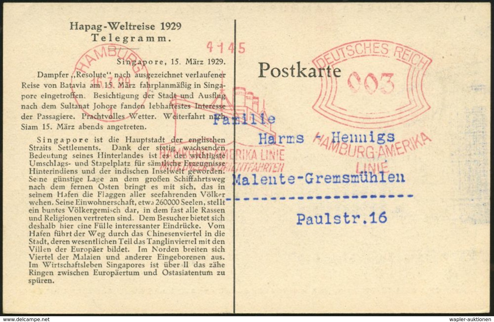 HAMBURG/ 1/ HAMBURG-AMERIKA LINIE/ MITTELMEER U.ORIENTFAHRTEN/ HAL 1929 (16.3.) AFS (Dampfer) Auf Seltener Hapag-Telegra - Maritime