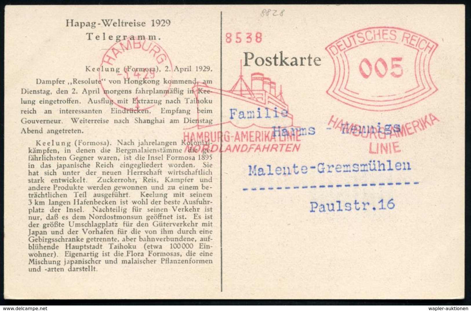 HAMBURG/ 1/ HAMBURG-AMERIKA-LINIE/ NORDLANDFAHRTEN 1929 (3.4.) AFS Auf Telegramm-Ak: Hapag-Weltreise 1929, Etappe Keelun - Marítimo