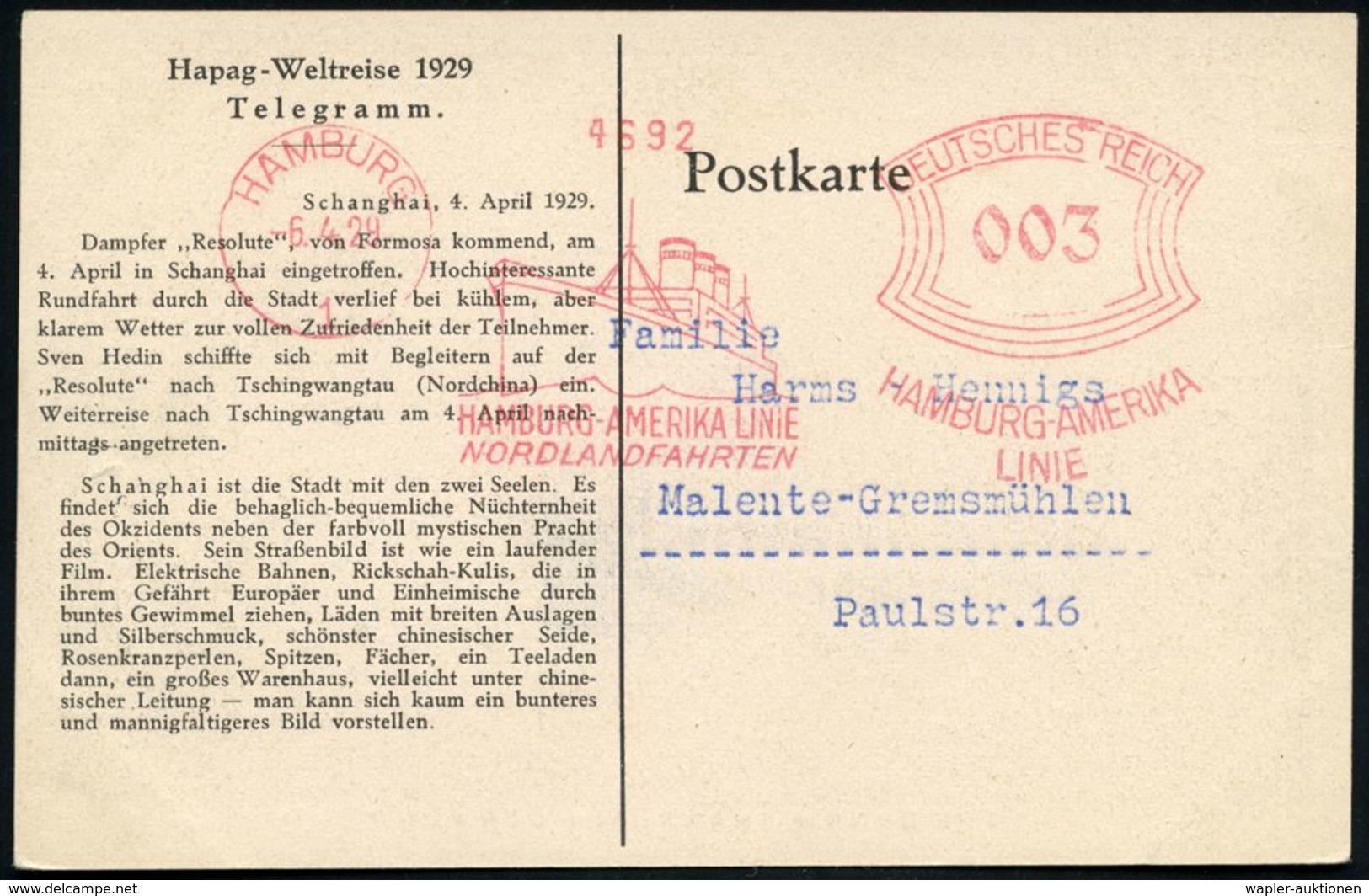 HAMBURG/ 1/ HAMBURG-AMERIKA LINIE/ NORDLANDFAHRTEN 1929 (6.4.) AFS (Ozeandampfer) AufTelegramm-Ak: Hapag-Weltreise 1939, - Maritime