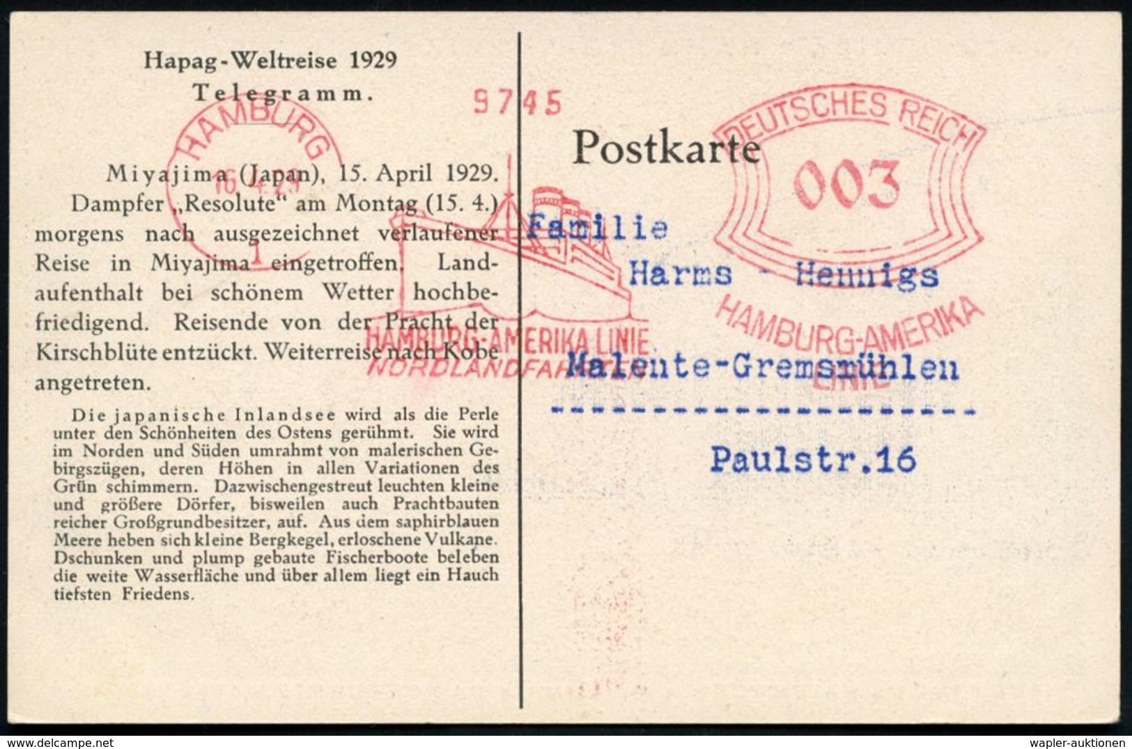 HAMBURG/ 1/ HAMBURG-AMERIKA LINIE/ NORDLANDFAHRTEN 1929 (16.4.) AFS (Ozeandampfer) A.Telegramm-Ak.: Hapag-Weltreise 1929 - Maritime