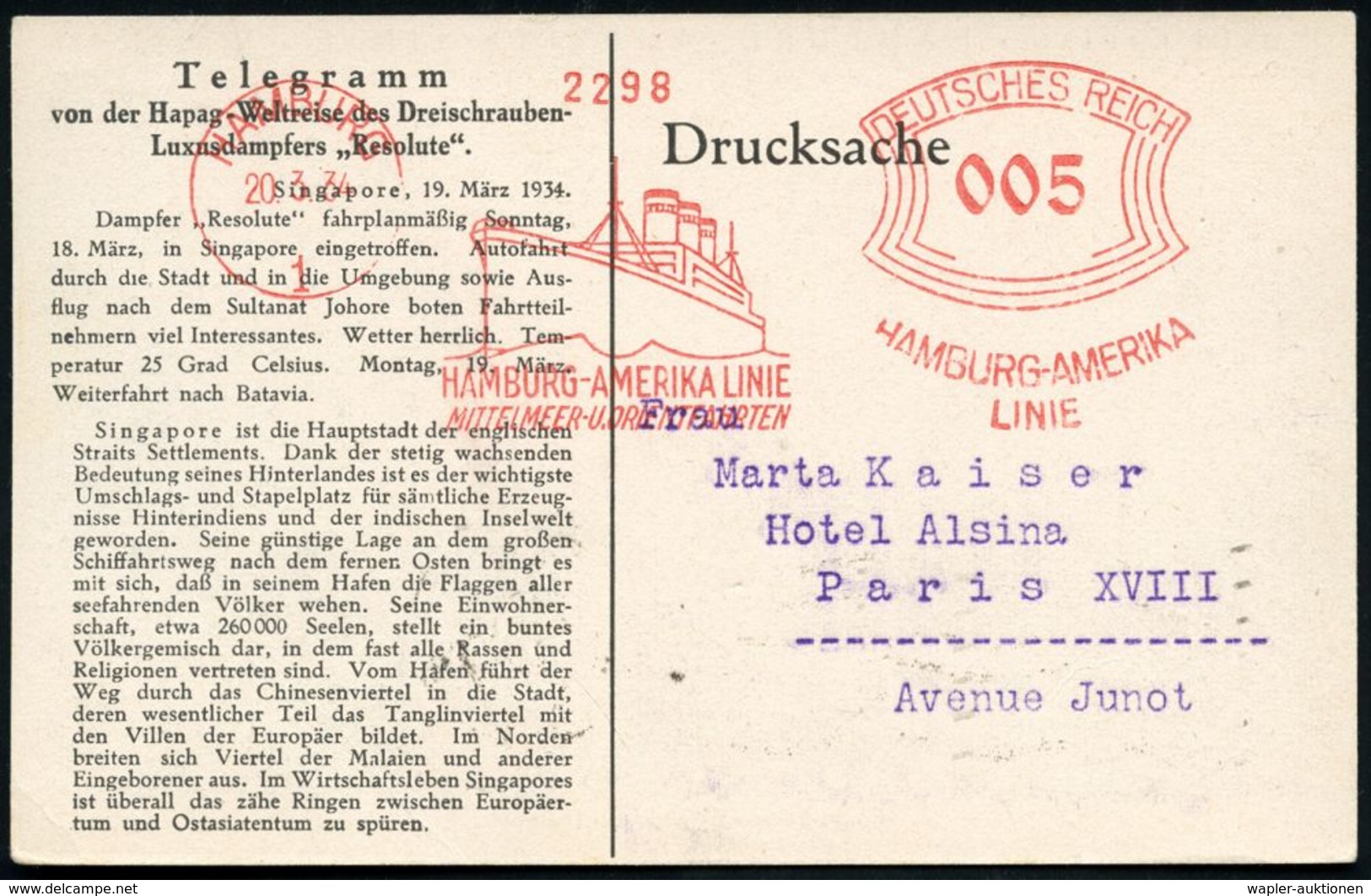 HAMBURG/ 1/ HAMBURG-AMERIKA-LINIE/ MITTELMEER-U.ORIENTFAHRTEN 1934 (20.3.) AFS Auf Telegramm-Ak.: Hapag-Weltreise "Resol - Maritime