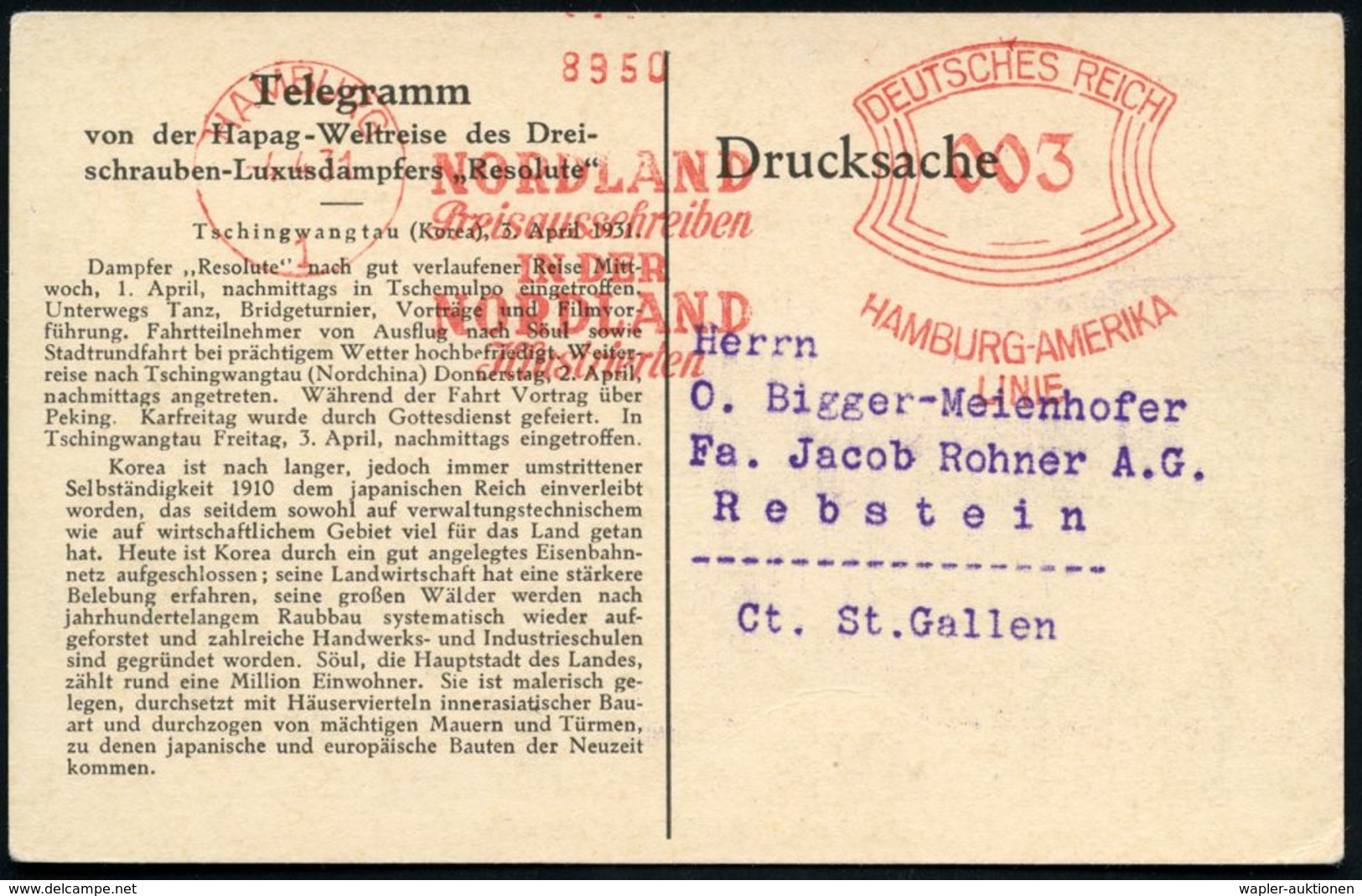 HAMBURG/ 1/ NORDLAND/ Preisausschreiben/ IN DER/ NORDLAND/ Jllustrierten/ HAL 1931 (4.4.) Seltener AFS Auf Seltener Hapa - Marittimi