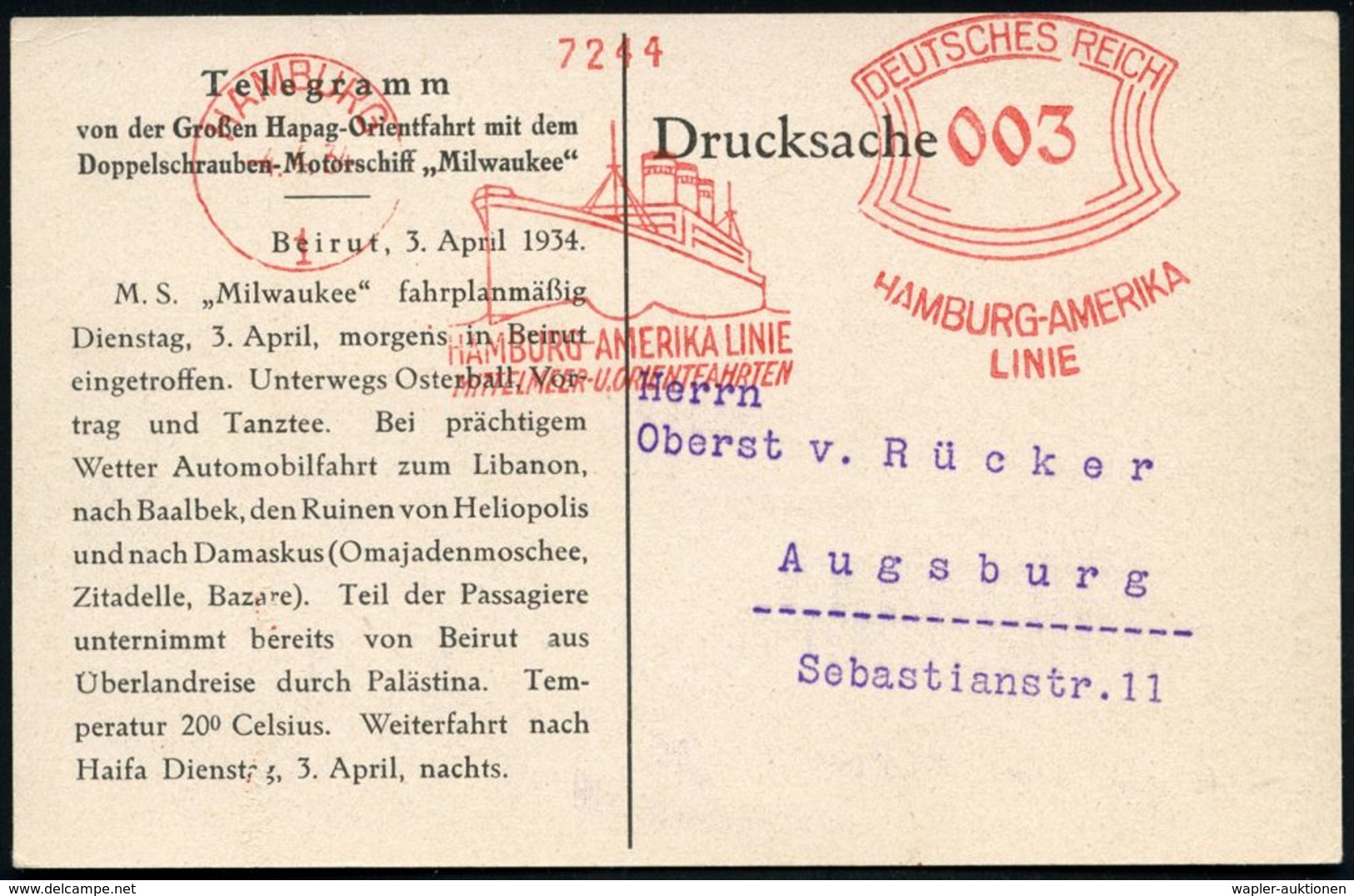 HAMBURG/ 1/ HAMBURG-AMERIKA LINIE/ MITTELMEER-U.ORIENFAHRTEN 1934 (4.4.) AFS (Ozeandampfer) Auf Telegramm-Ak.: Gr. Hapag - Marítimo